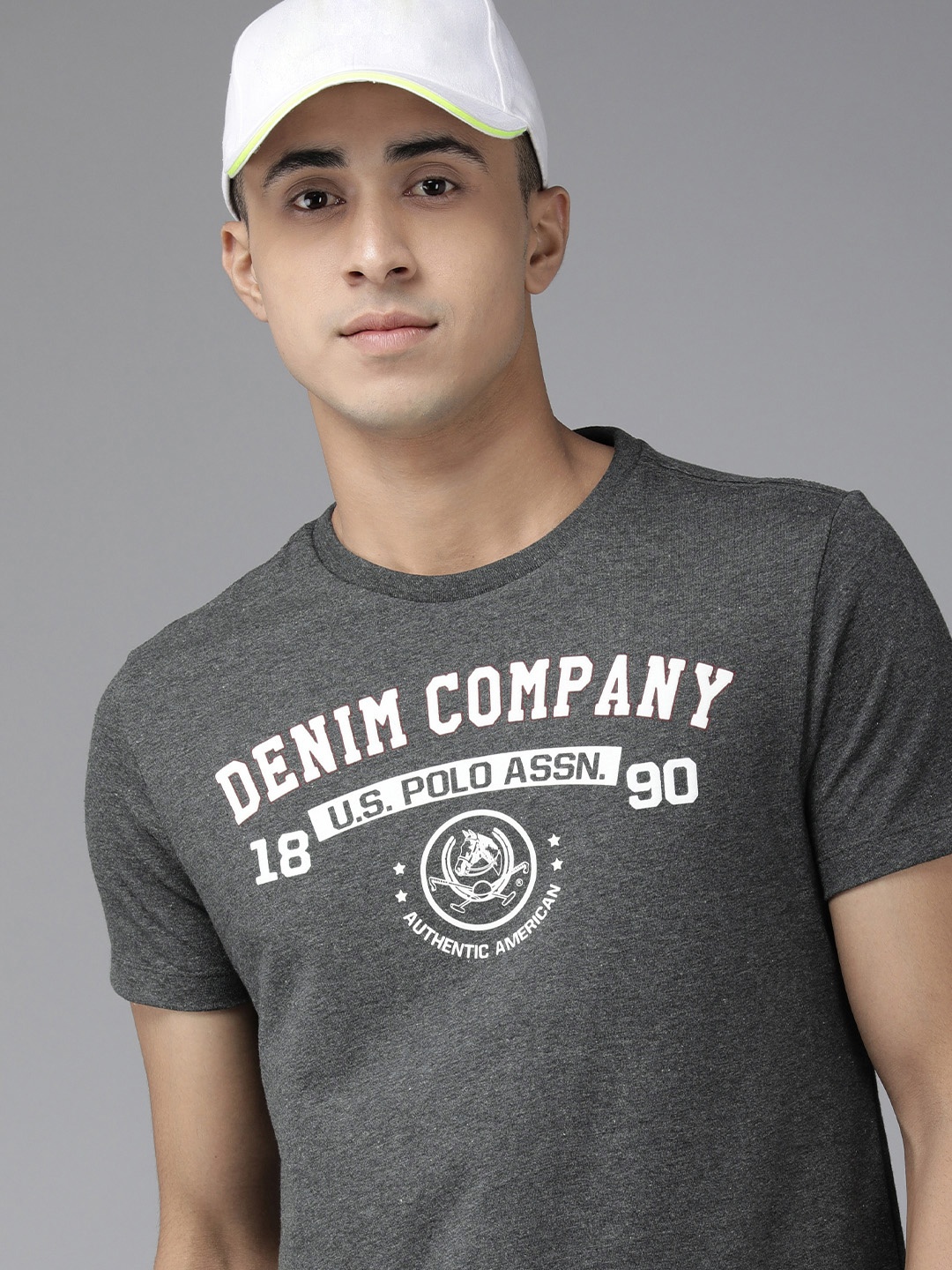 

U S Polo Assn Denim Co Men Charcoal Grey Brand Logo Printed T-shirt