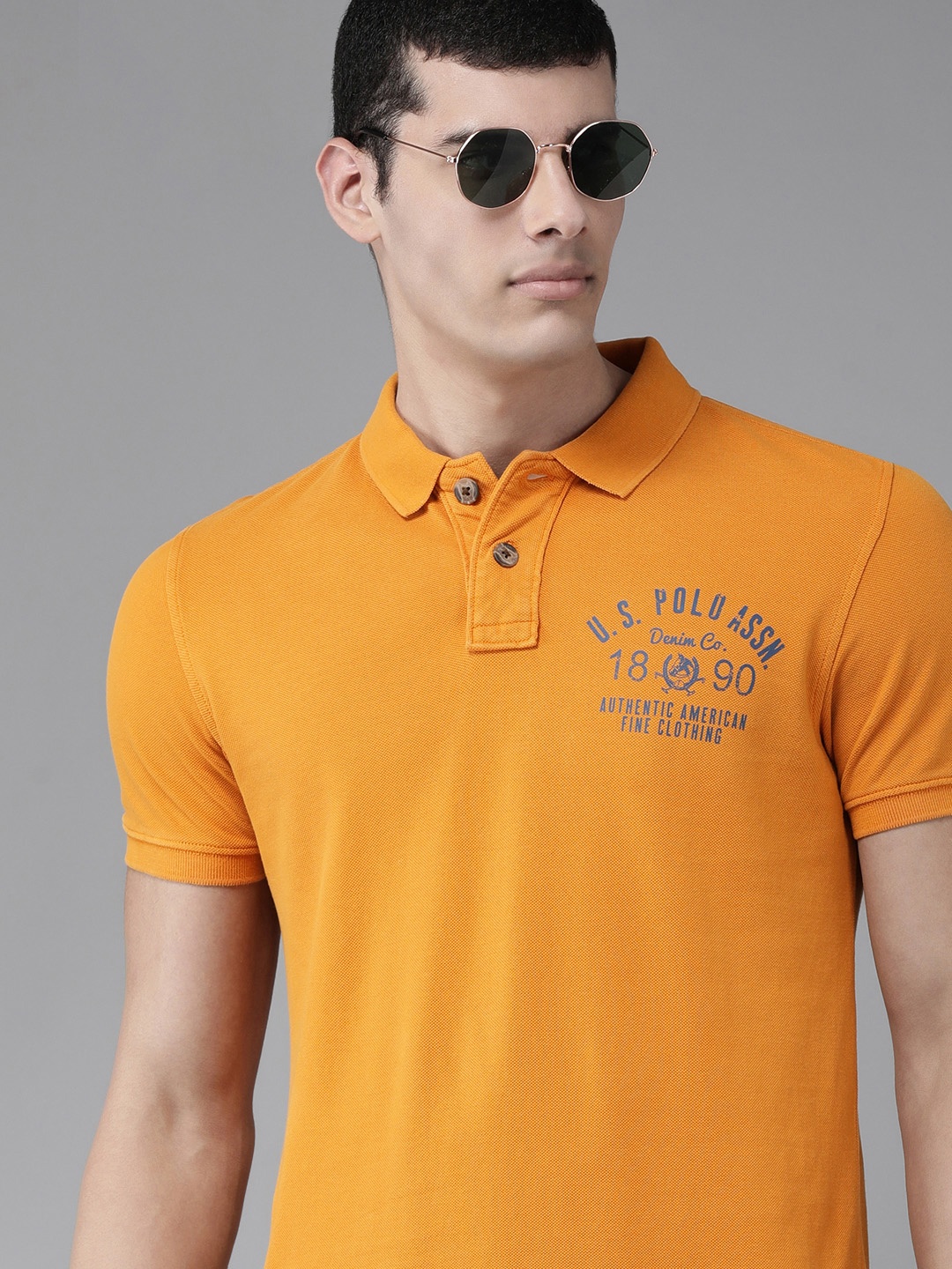 

U.S. Polo Assn. Denim Co. Men Mustard Yellow Printed Pure Cotton Slim Fit T-shirt