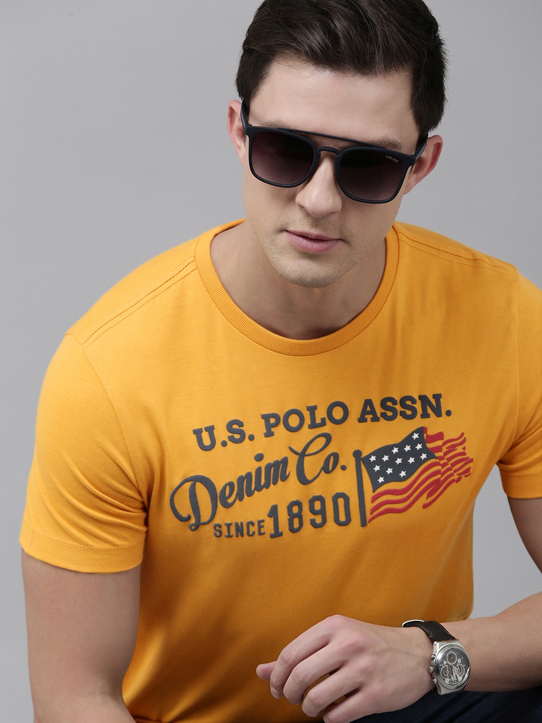 

U S Polo Assn Denim Co Men Mustard Yellow Typography Printed Slim Fit T-shirt