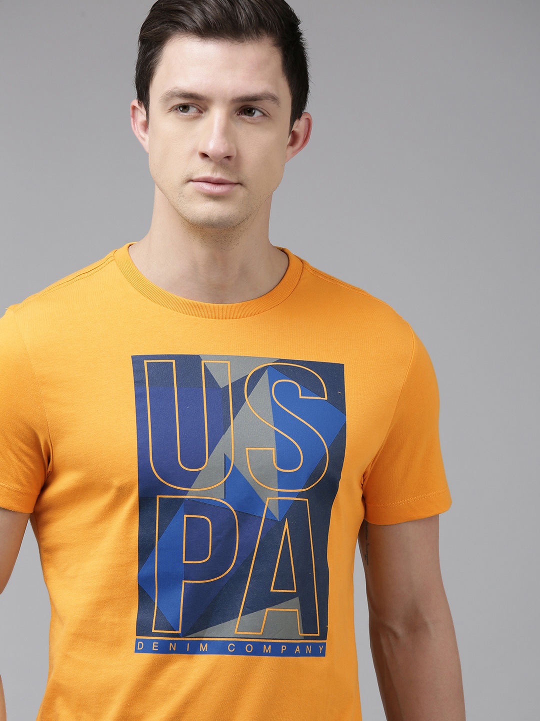 

U.S. Polo Assn. Denim Co. Men Mustard Yellow Brand Logo Printed Pure Cotton T-shirt