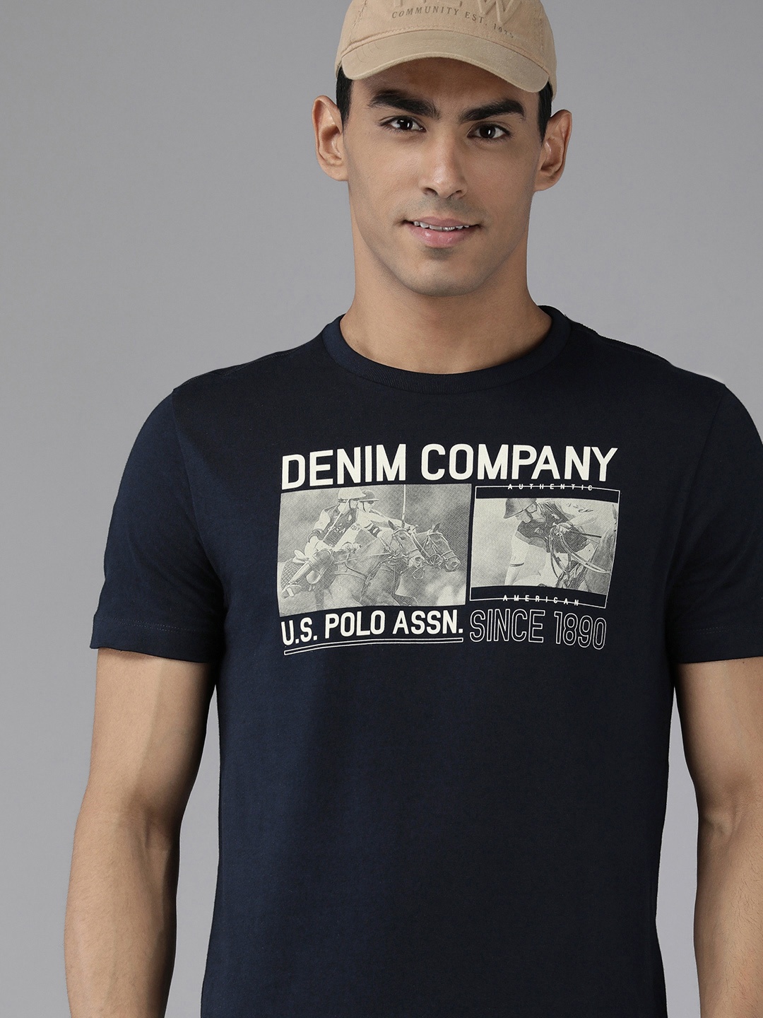U S Polo Assn Denim Co Men Navy Blue Typography Printed Slim Fit T-shirt