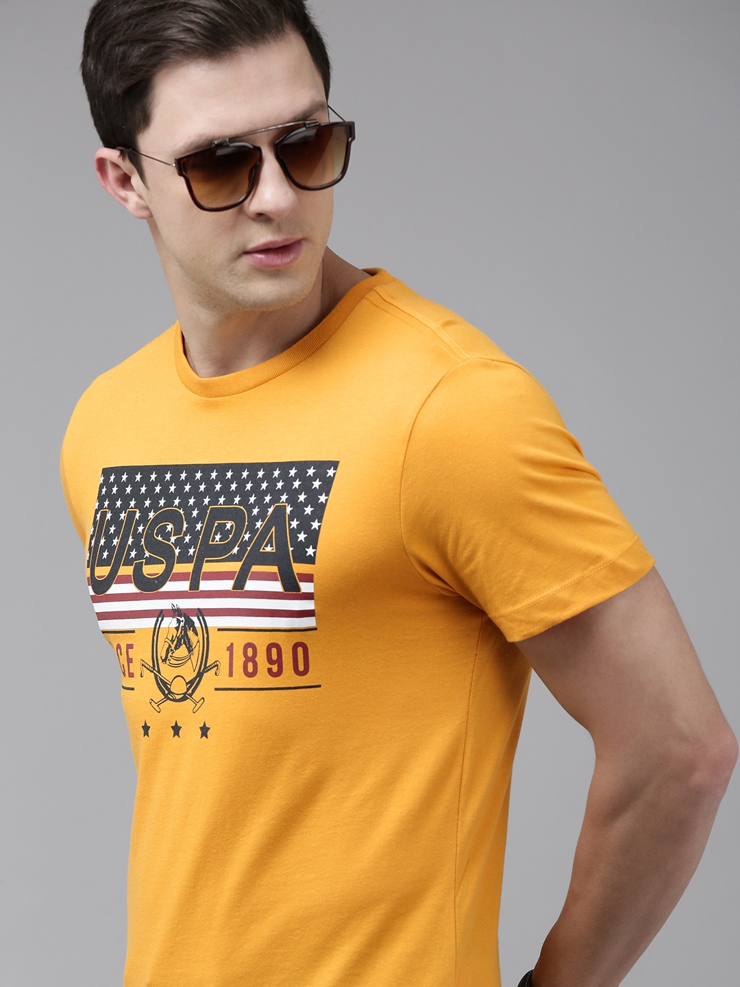 

U S Polo Assn Denim Co Men Mustard Yellow Typography Printed Slim Fit T-shirt