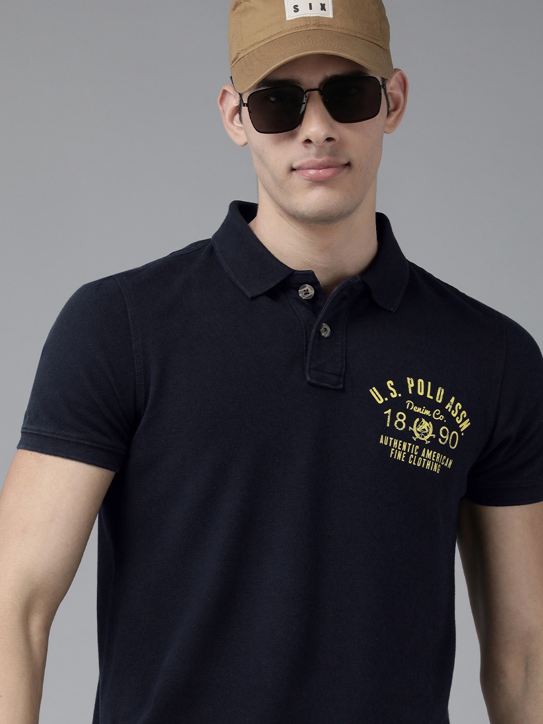 

U S Polo Assn Denim Co Men Navy Blue Brand Logo Printed Pure Cotton Slim Fit Polo T-shirt
