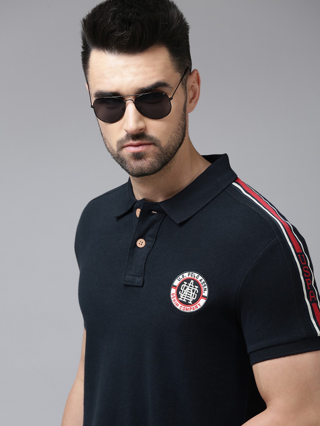

U.S. Polo Assn. Denim Co. Men Navy Blue Brand Logo Pure Cotton T-shirt