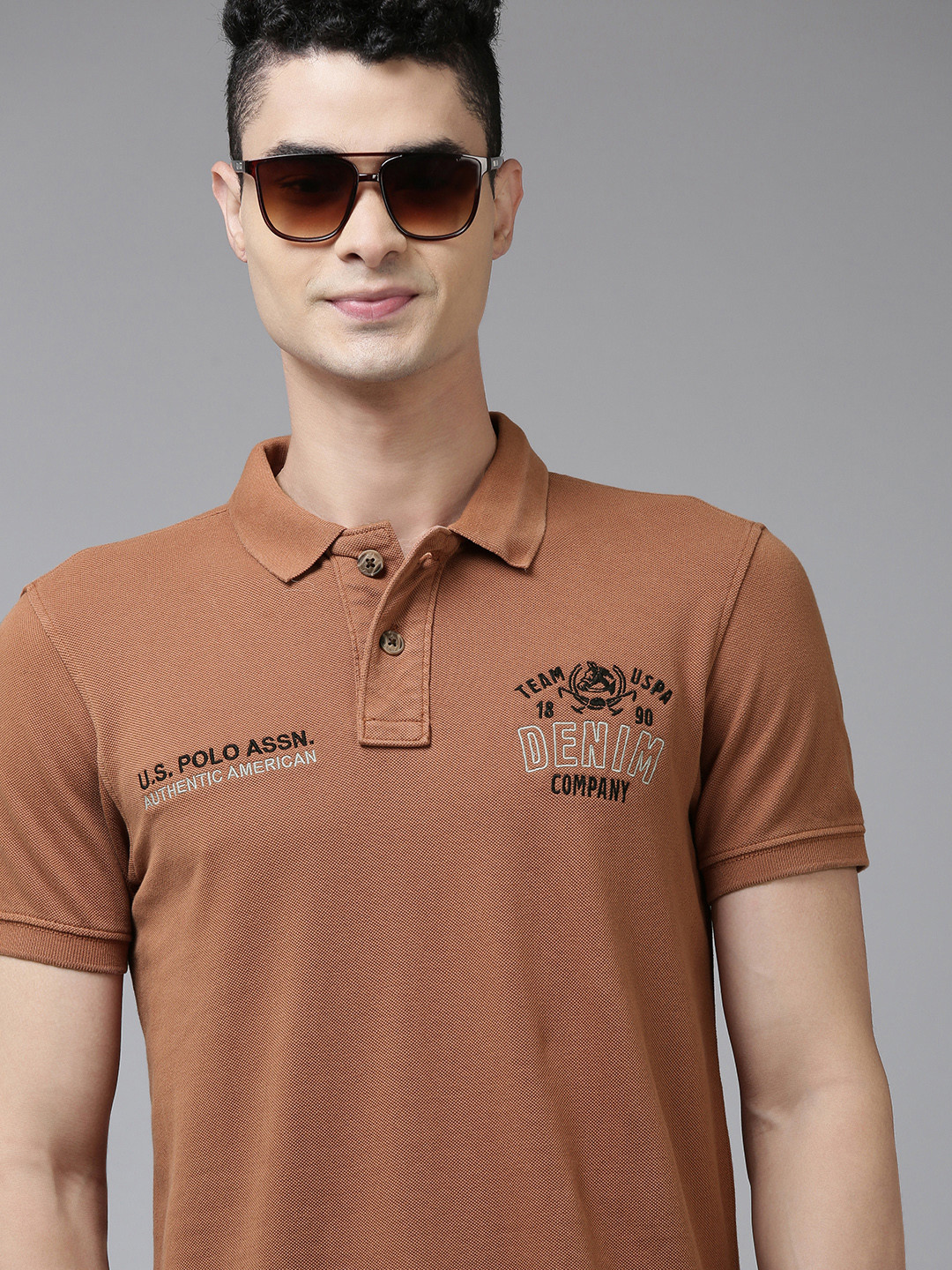 

U.S. Polo Assn. Denim Co. Men Rust Brand Logo Printed Polo Collar Pure Cotton T-shirt