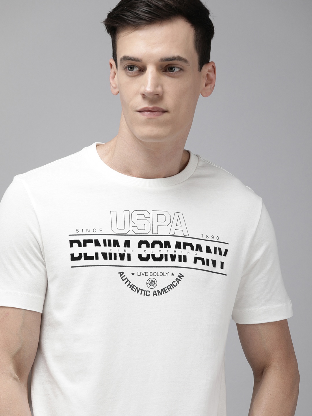 

U S Polo Assn Denim Co Men White & Black Brand Logo Printed Pure Cotton Slim Fit T-shirt