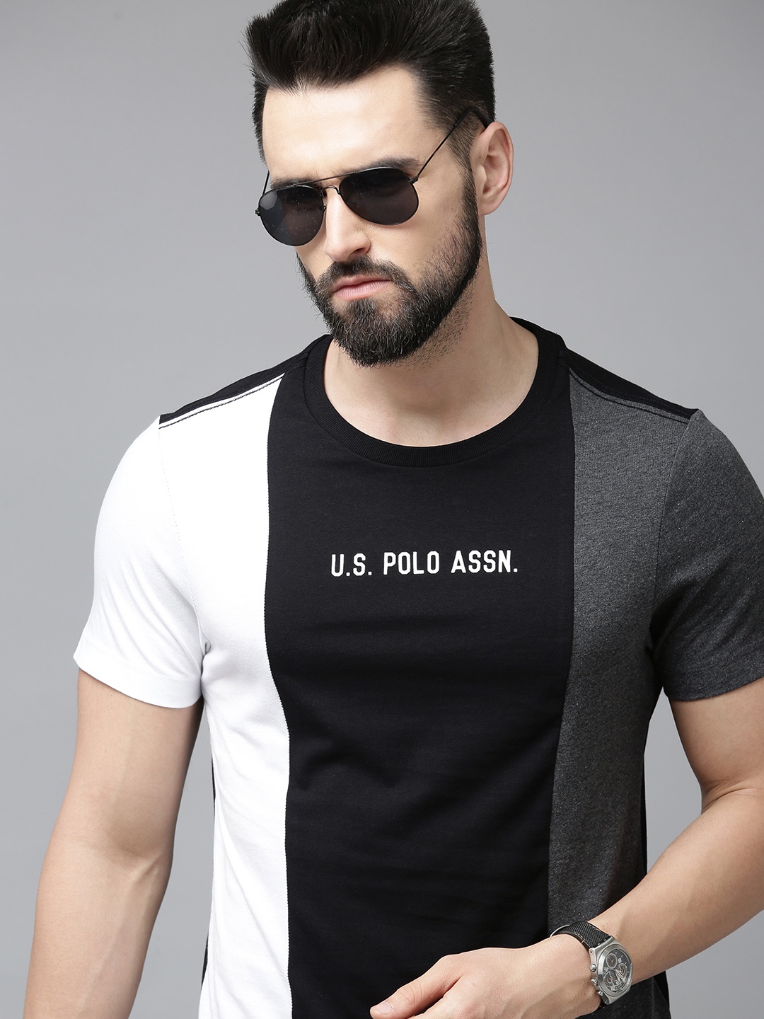 

U S Polo Assn Denim Co Men Black & White Colourblocked Pure Cotton Slim Fit T-shirt