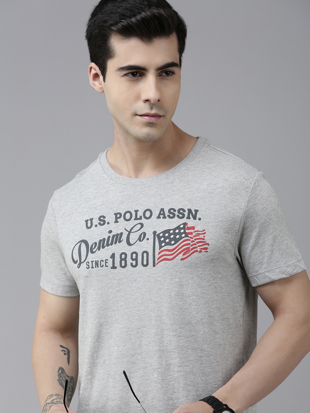 

U S Polo Assn Denim Co Men Grey Melange Brand Logo Printed Slim Fit T-shirt
