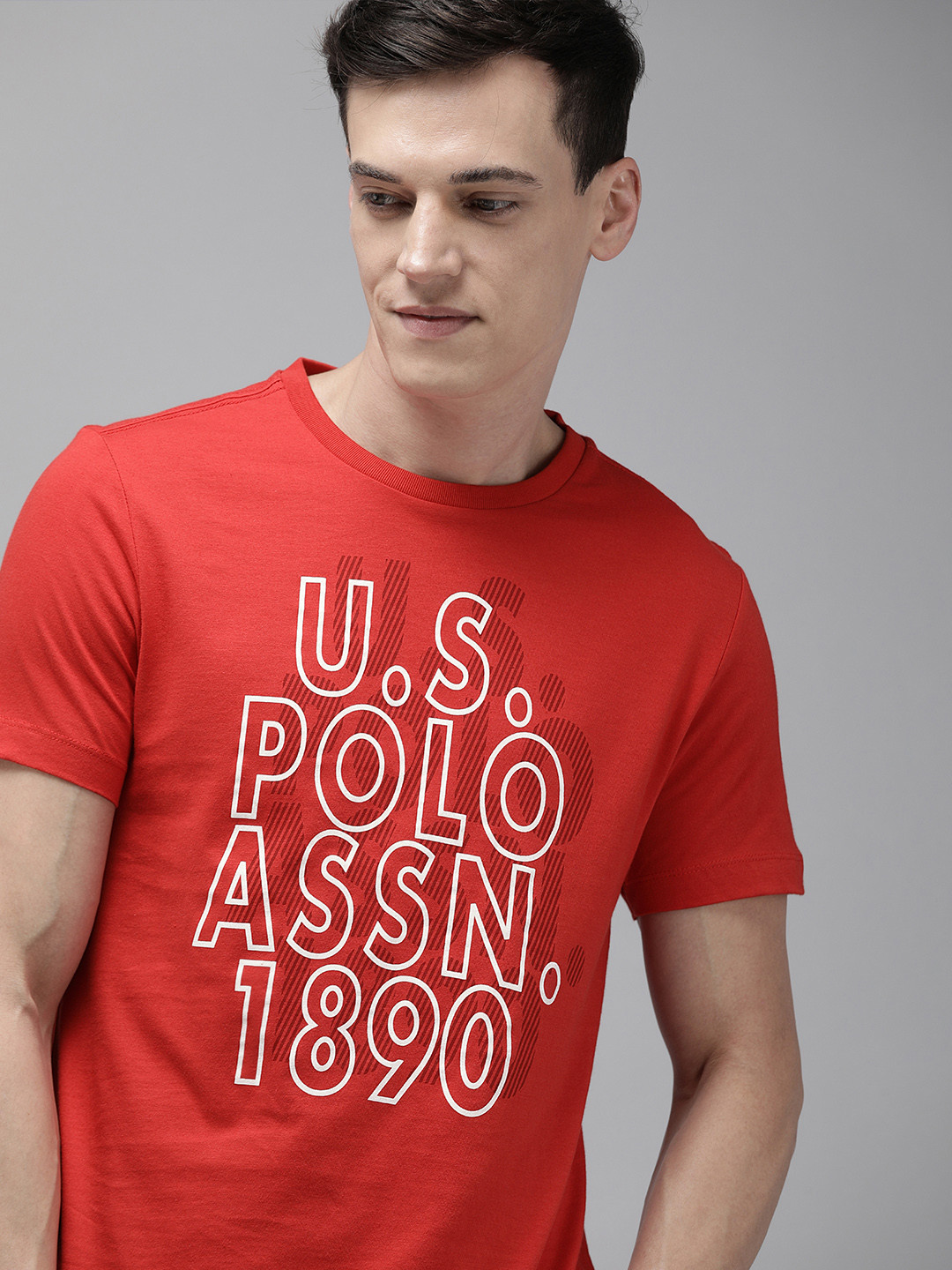 

U S Polo Assn Denim Co Men Red & White Brand Logo Printed Pure Cotton Slim Fit T-shirt