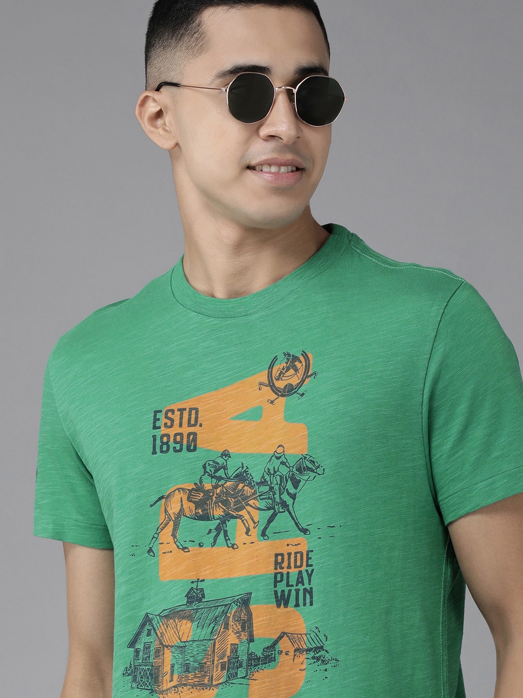 

U.S. Polo Assn. Denim Co. Men Green Brand Logo Printed Pure Cotton Slim Fit T-shirt