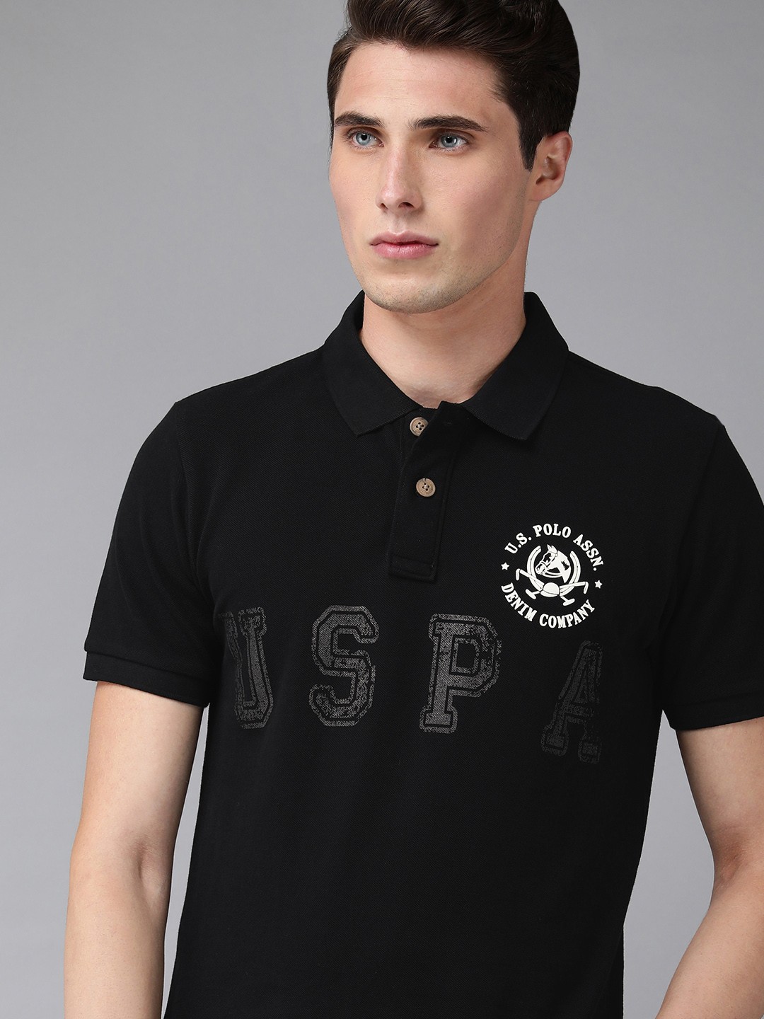 

U S Polo Assn Denim Co Men Black Brand Logo Printed Polo Collar Pure Cotton Slim Fit T-shirt