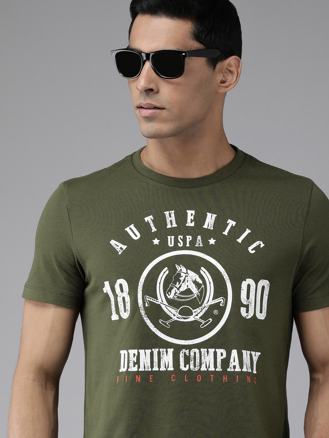 U S Polo Assn Denim Co Men Olive Green Typography Printed Slim Fit T-shirt