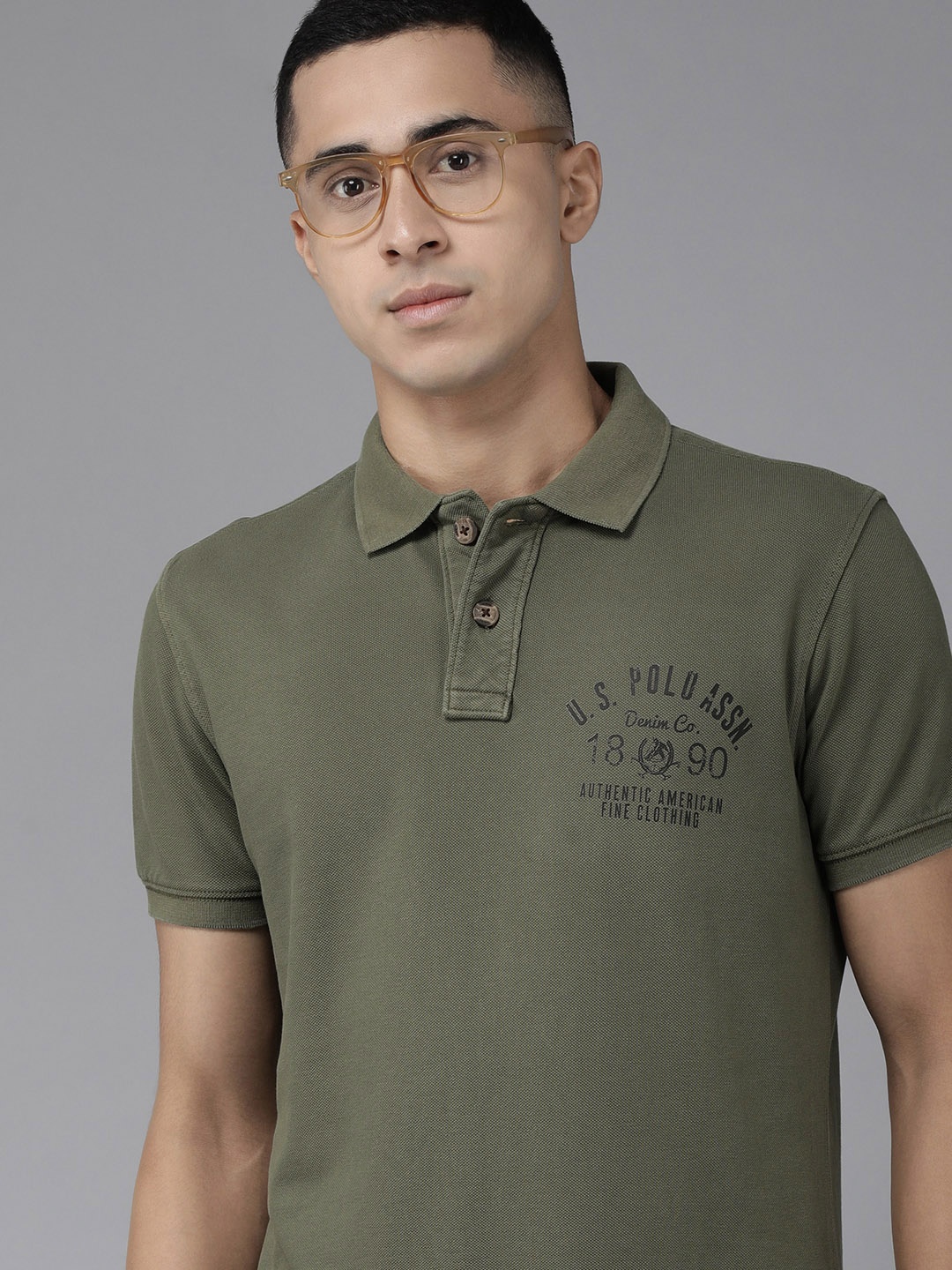 

U S Polo Assn Denim Co Men Olive Green Printed Pure Cotton Slim Fit Polo T-shirt