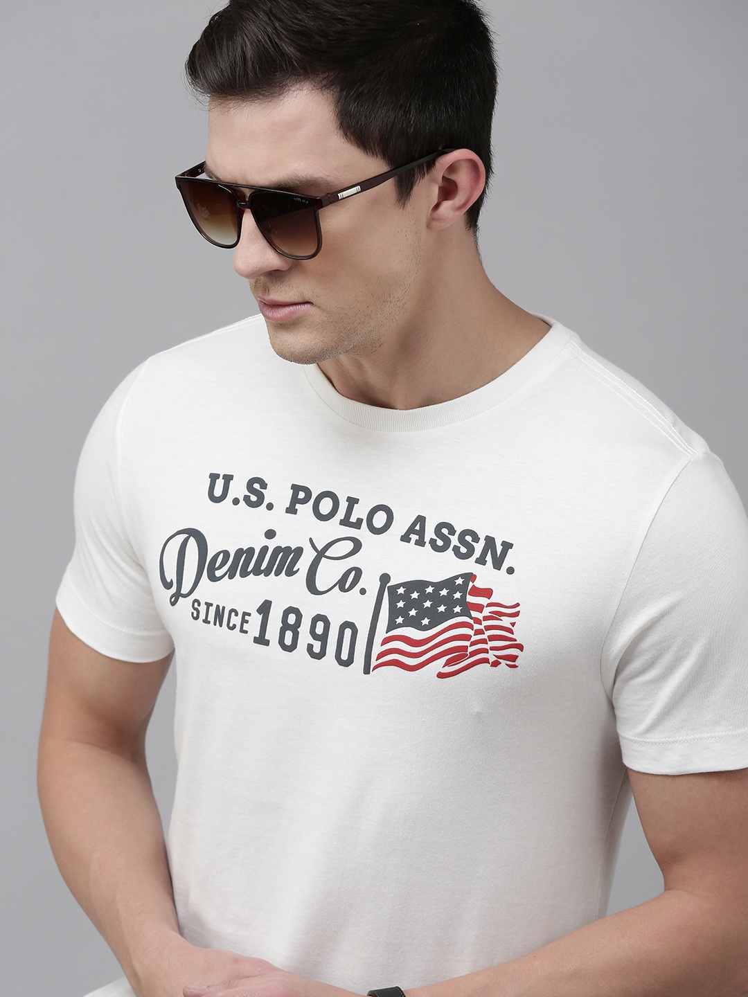 

U S Polo Assn Denim Co Men Off White Brand Logo Printed Pure Cotton Slim Fit T-shirt