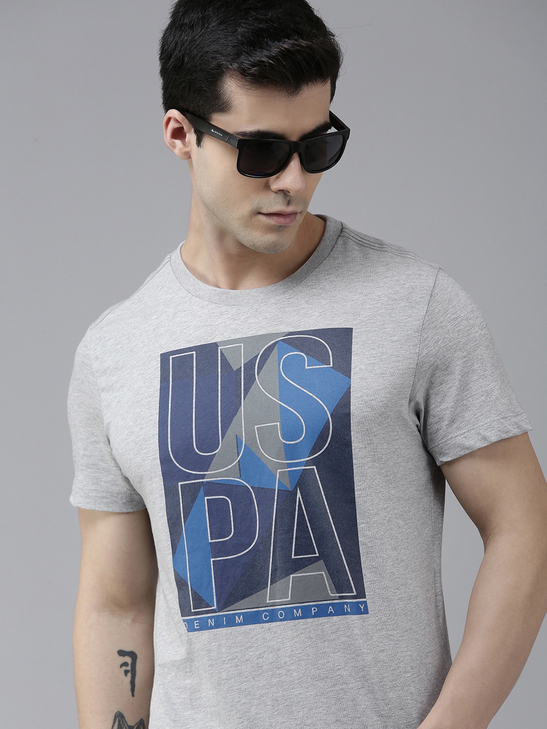 

U S Polo Assn Denim Co Men Grey Melange Brand Logo Printed Slim Fit T-shirt