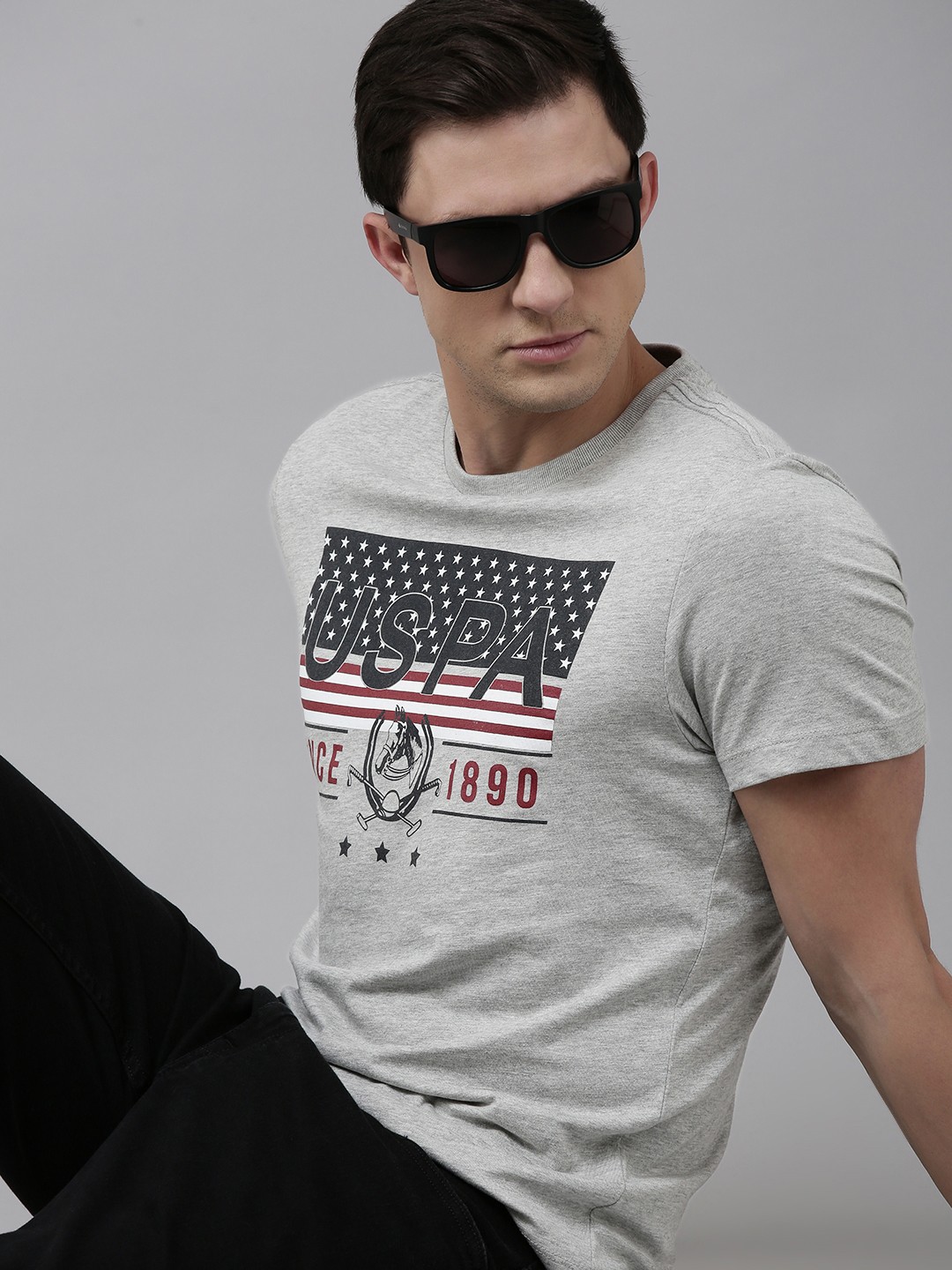

U.S. Polo Assn. Denim Co. Men Grey Melange Typography Printed Slim Fit T-shirt