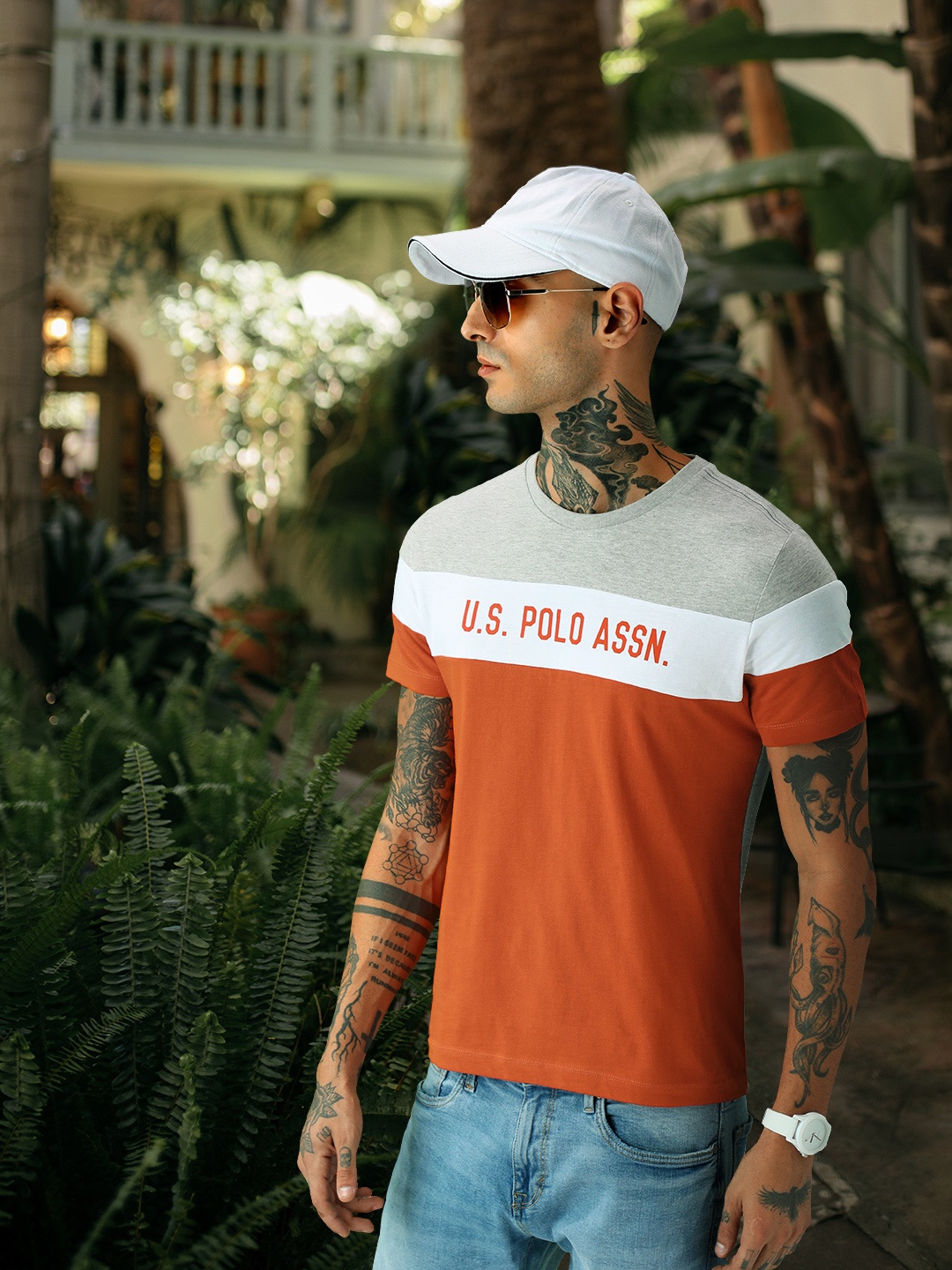 

U.S. Polo Assn. Denim Co. Men Grey Melange & Red Colourblocked Slim Fit T-shirt