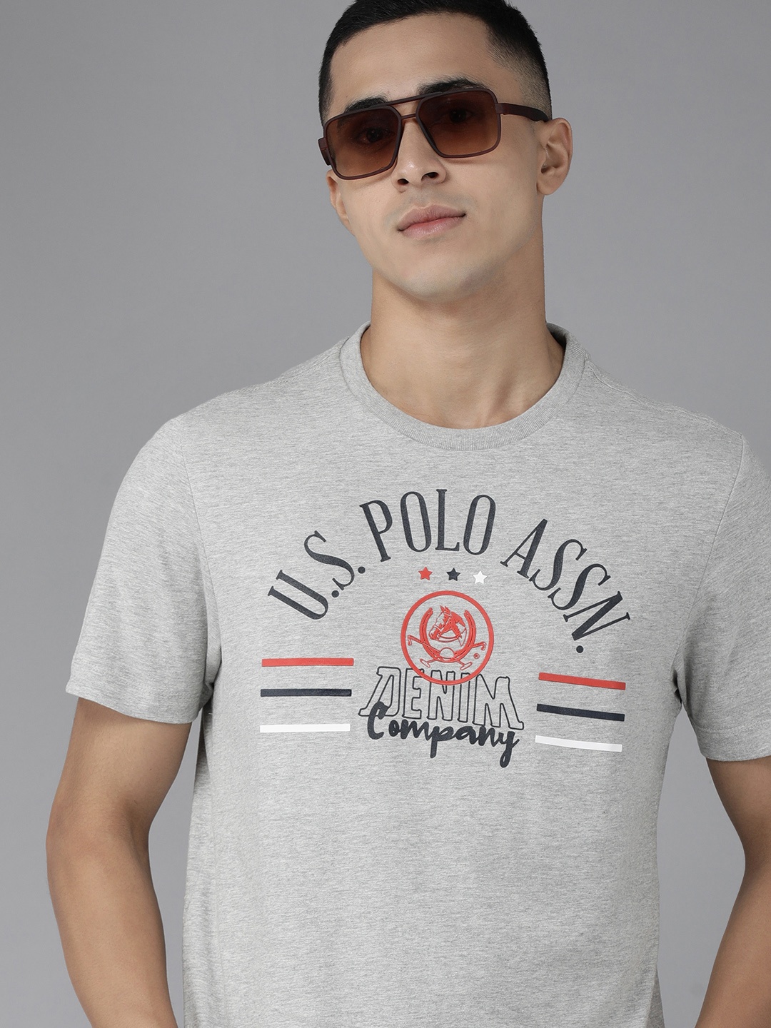 

U S Polo Assn Denim Co Men Grey Brand Logo Printed Pure Cotton Slim Fit T-shirt