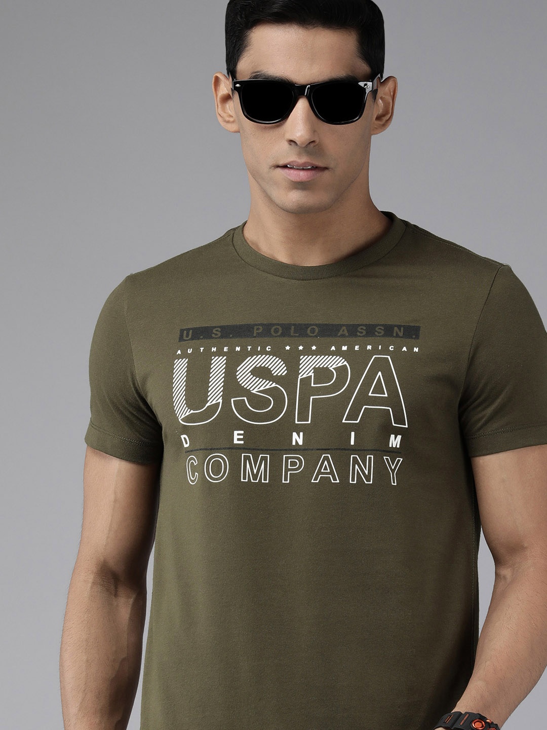

U S Polo Assn Denim Co Men Olive Green & White Brand Logo Printed Slim Fit T-shirt