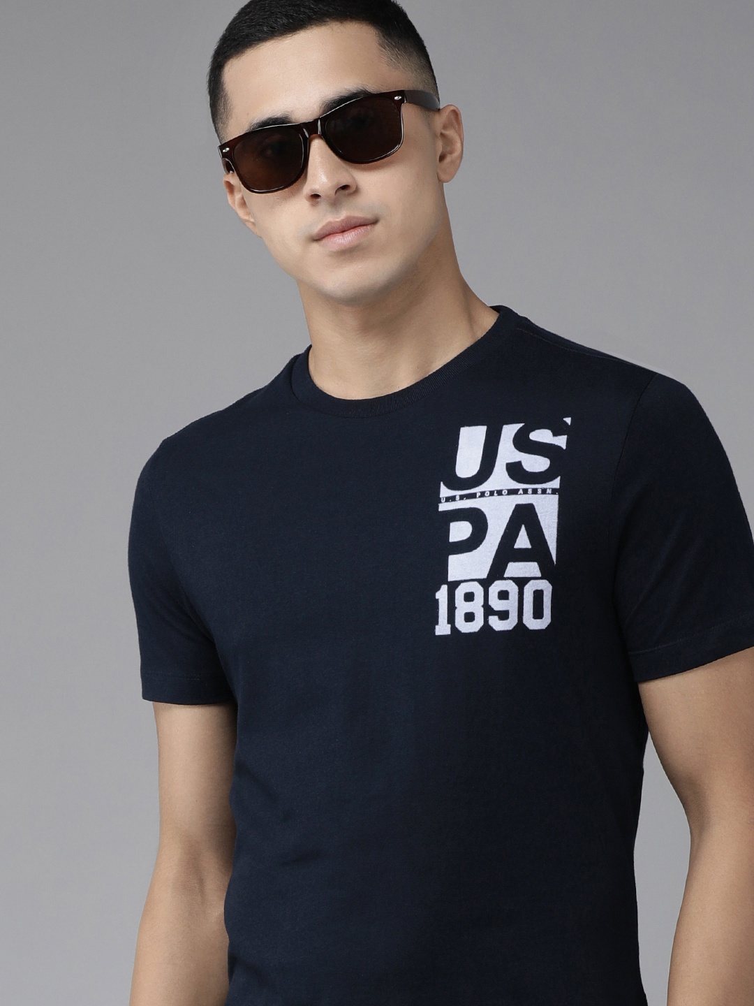 

U S Polo Assn Denim Co Men Navy Blue Brand Logo Printed Pure Cotton Slim Fit T-shirt