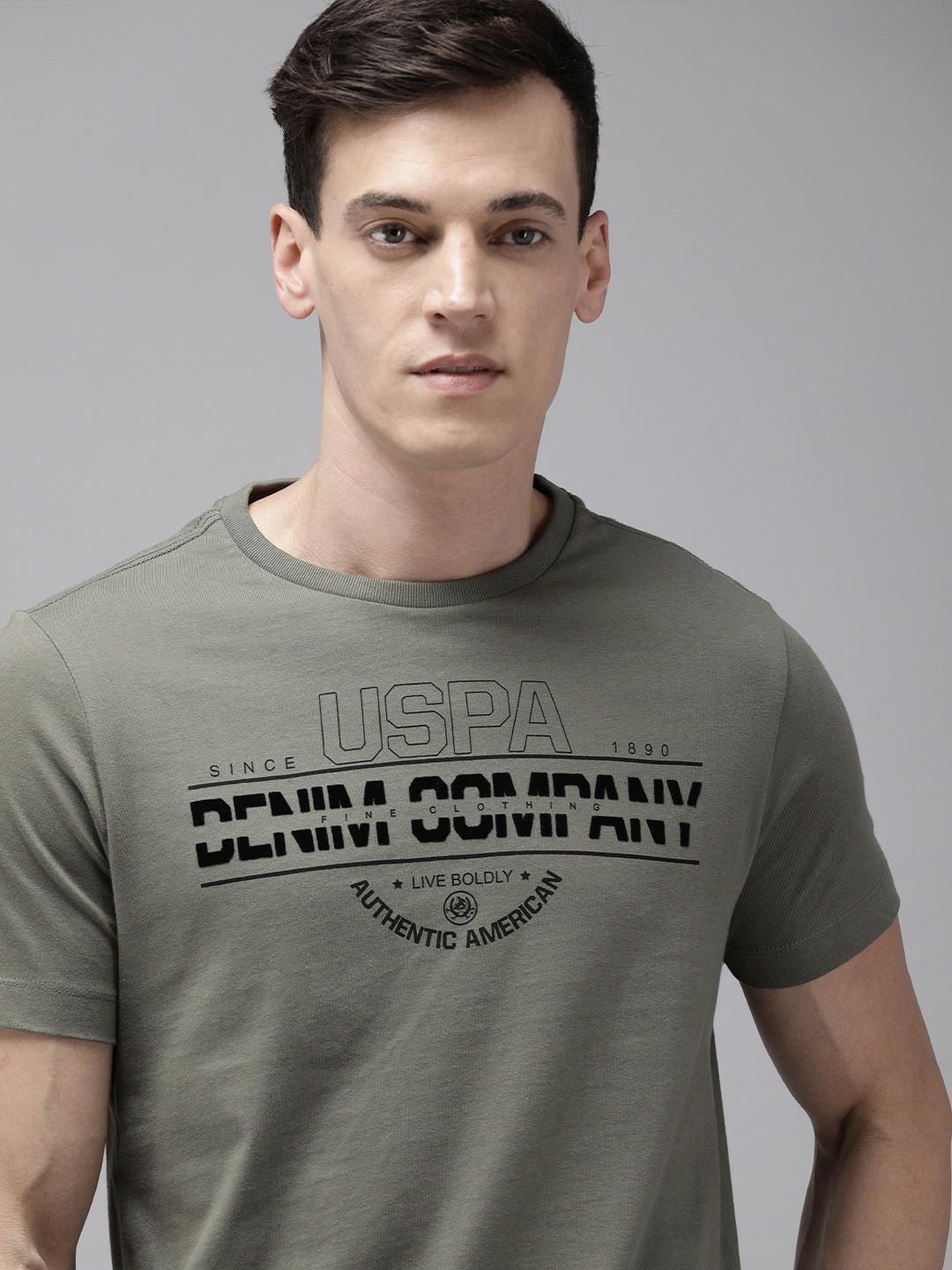 

U S Polo Assn Denim Co Men Olive Green & Black Brand Logo Printed Pure Cotton T-shirt