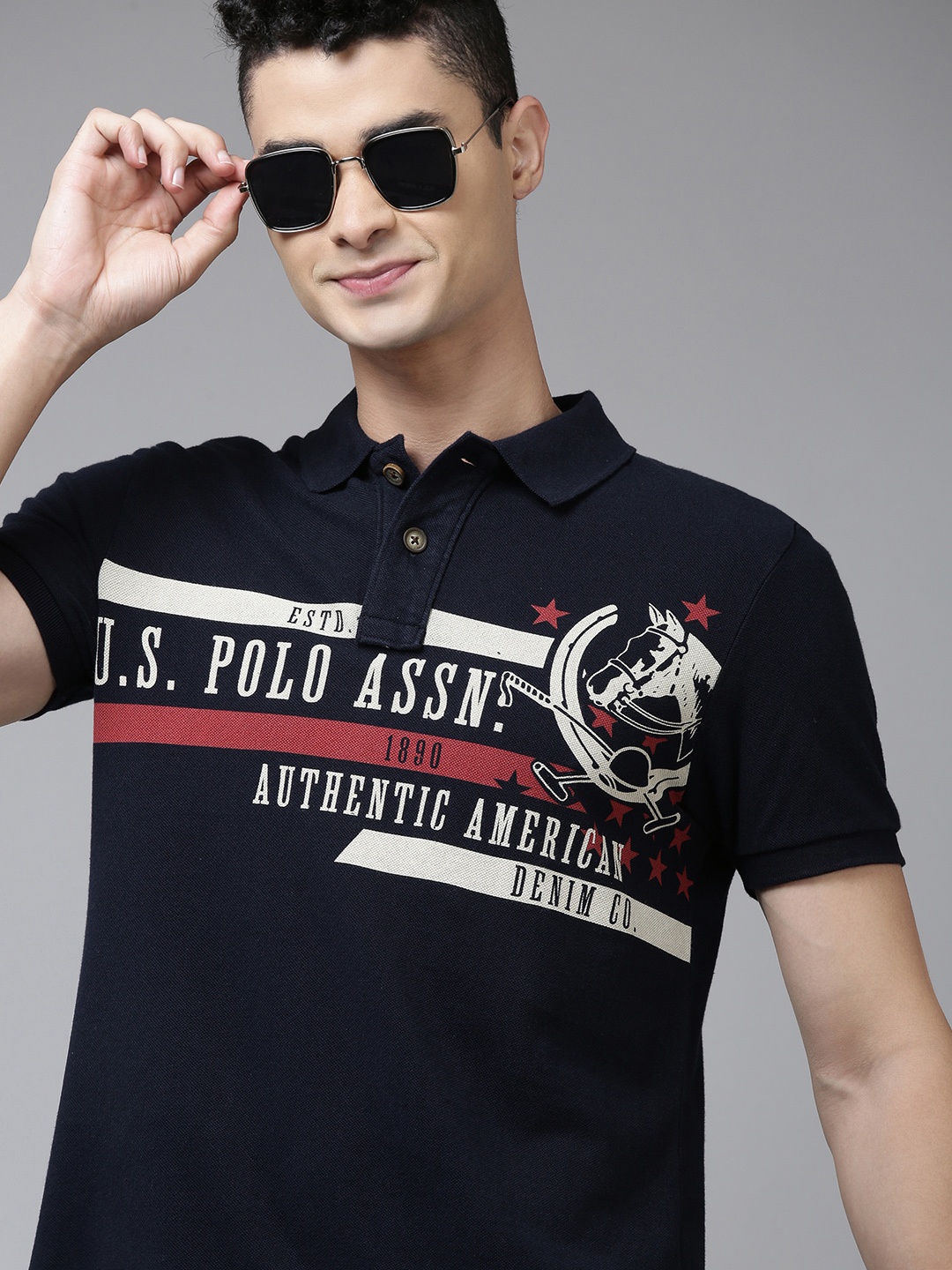 U.S. Polo Assn. Denim Co. Men Navy Blue Brand Logo Printed Pure Cotton T-shirt