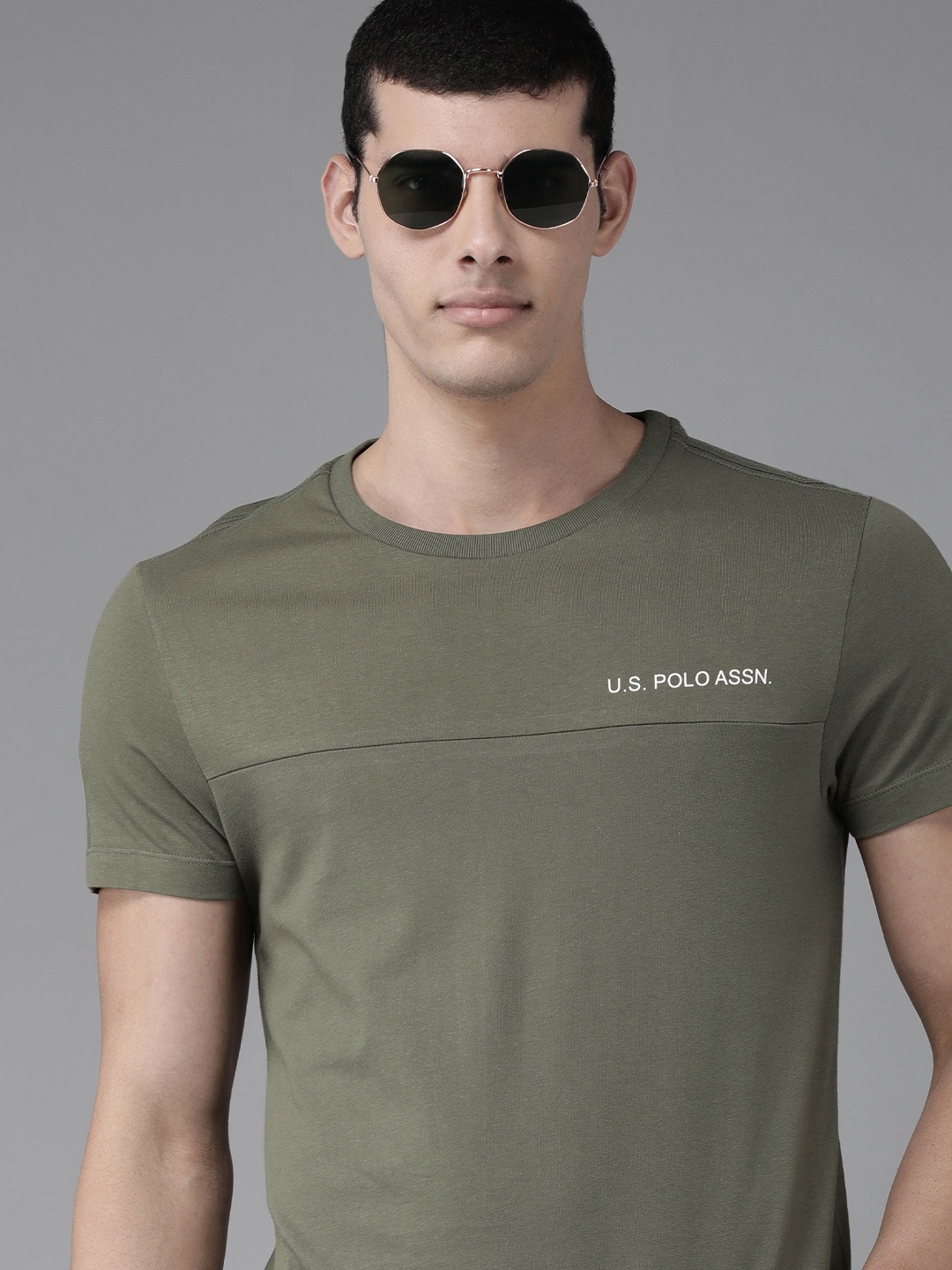 

U S Polo Assn Denim Co Men Olive Green Applique Slim Fit Pure Cotton T-shirt