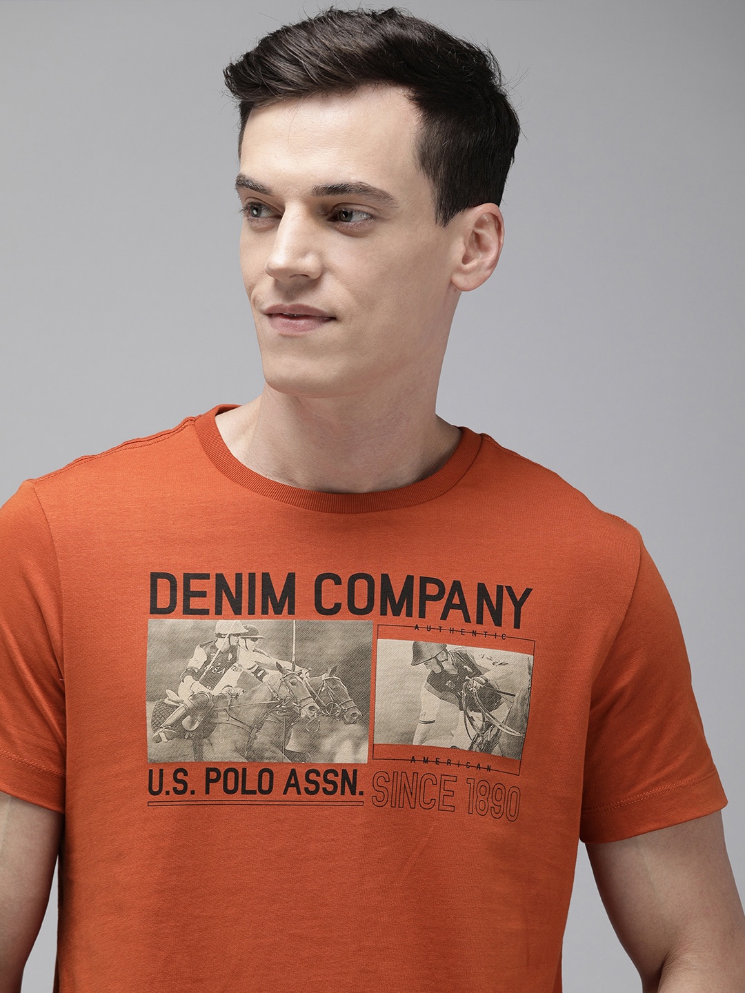 

U S Polo Assn Denim Co Men Rust Printed Pure Cotton Slim Fit T-shirt