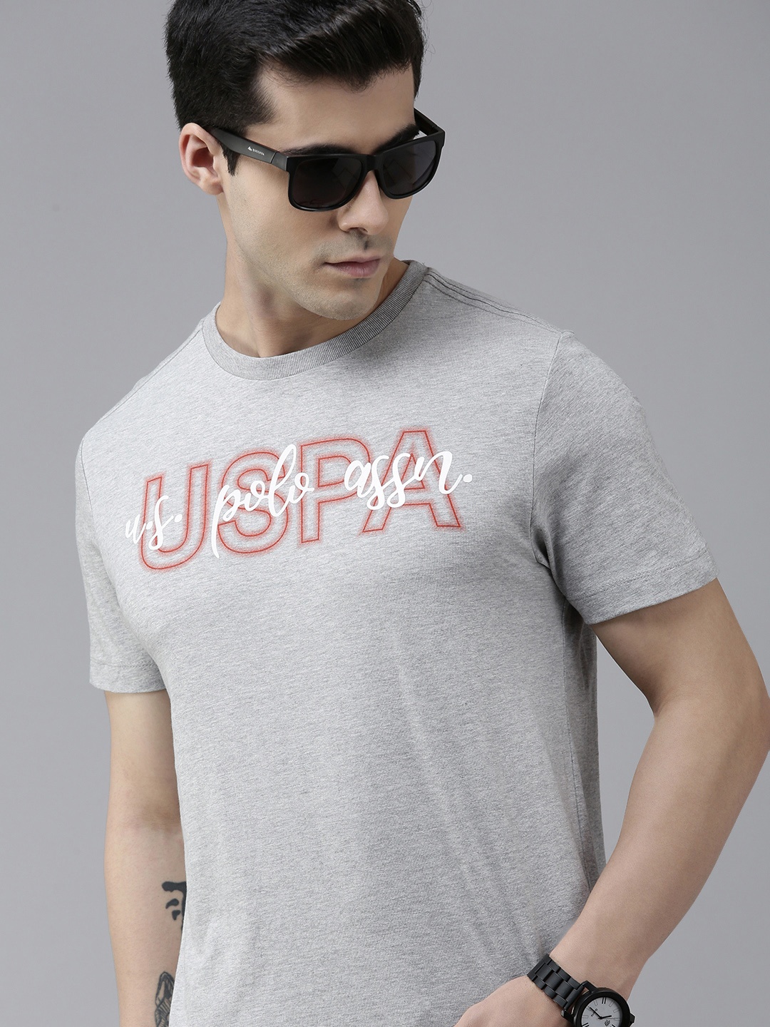 

U S Polo Assn Denim Co Men Grey Melange Brand Logo Printed Slim Fit T-shirt