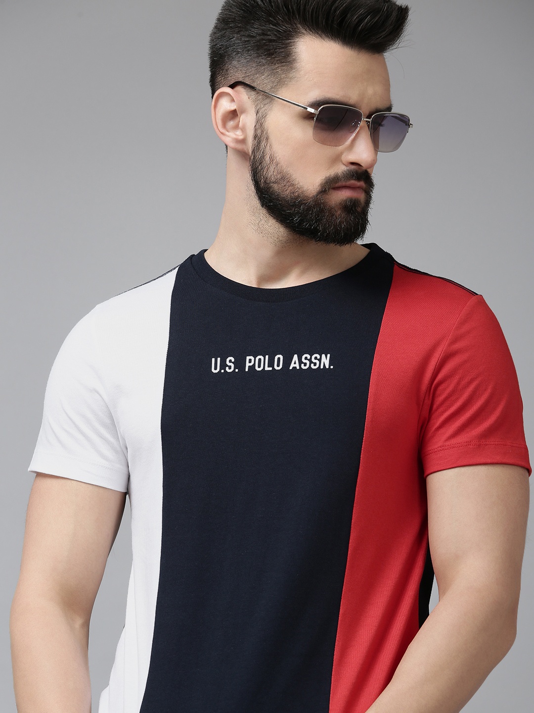 

U S Polo Assn Denim Co Men Navy Blue & White Colourblocked Pure Cotton Slim Fit T-shirt