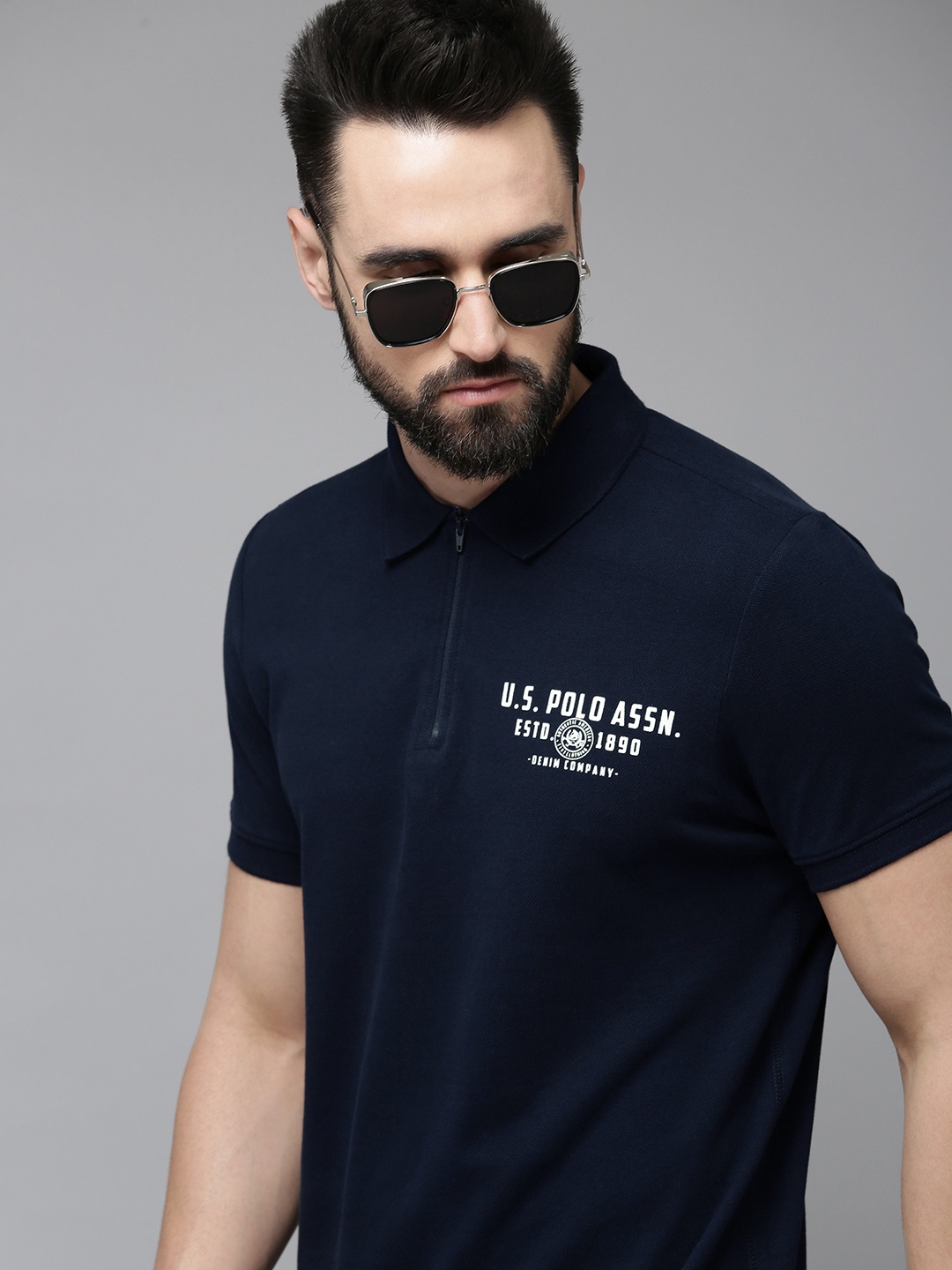 

U S Polo Assn Denim Co Men Navy Blue Typography Printed Pure Cotton Slim Fit T-shirt