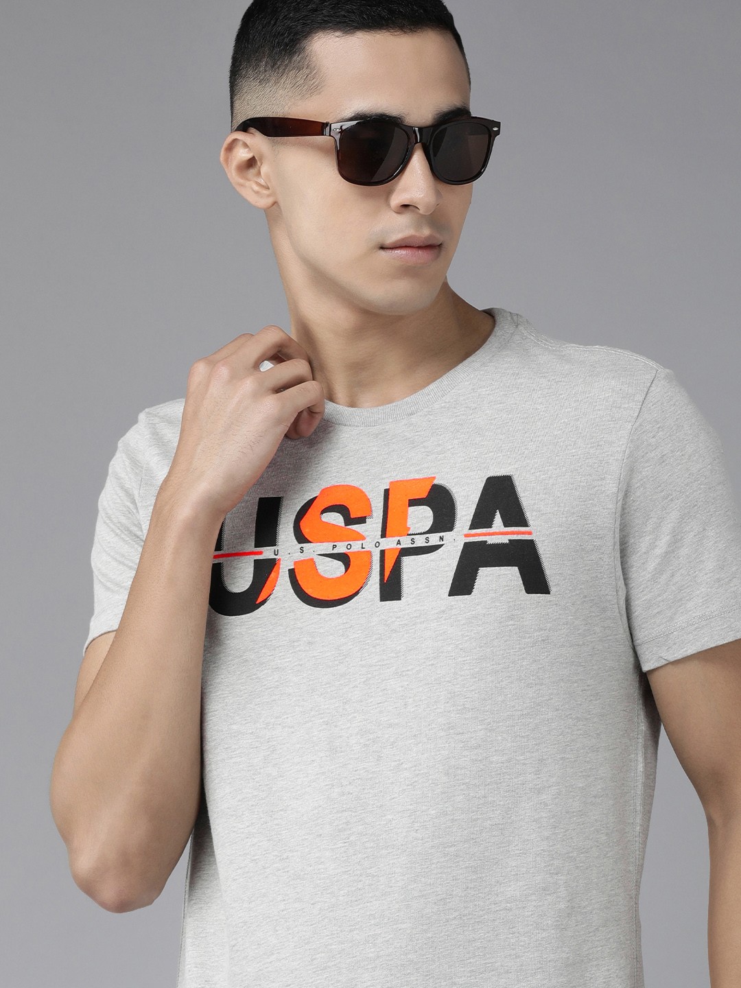 

U S Polo Assn Denim Co Men Grey Brand Logo Printed Slim Fit T-shirt