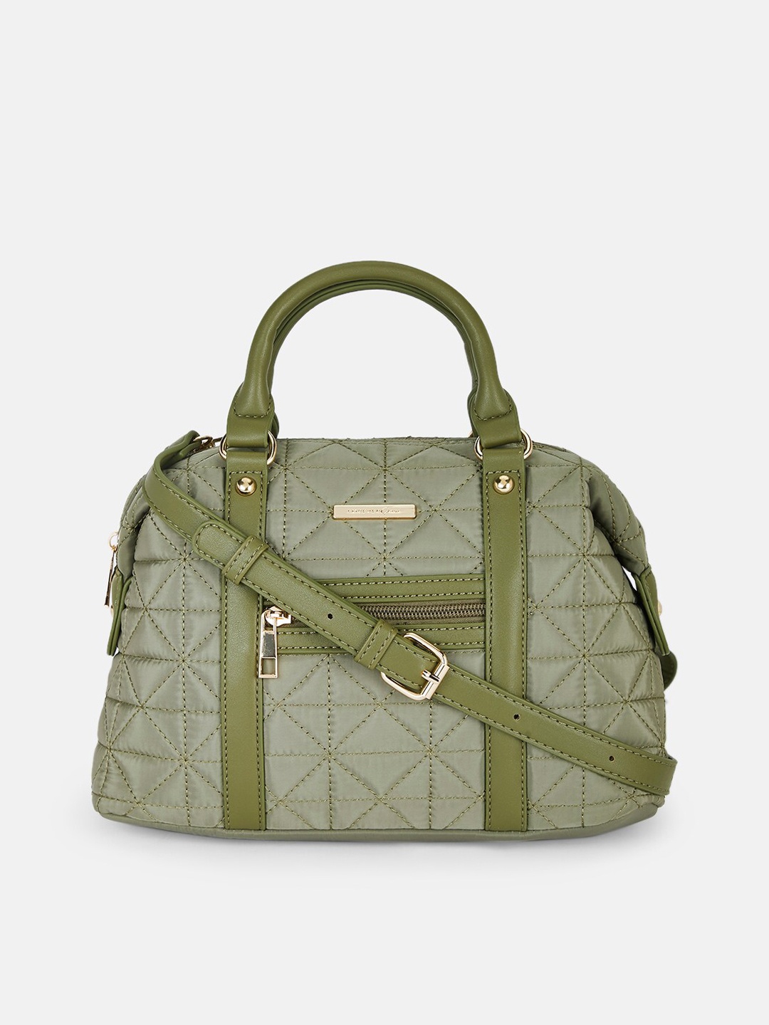 

Forever Glam by Pantaloons Olive Green Geometric PU Structured Handheld Bag with Quilted