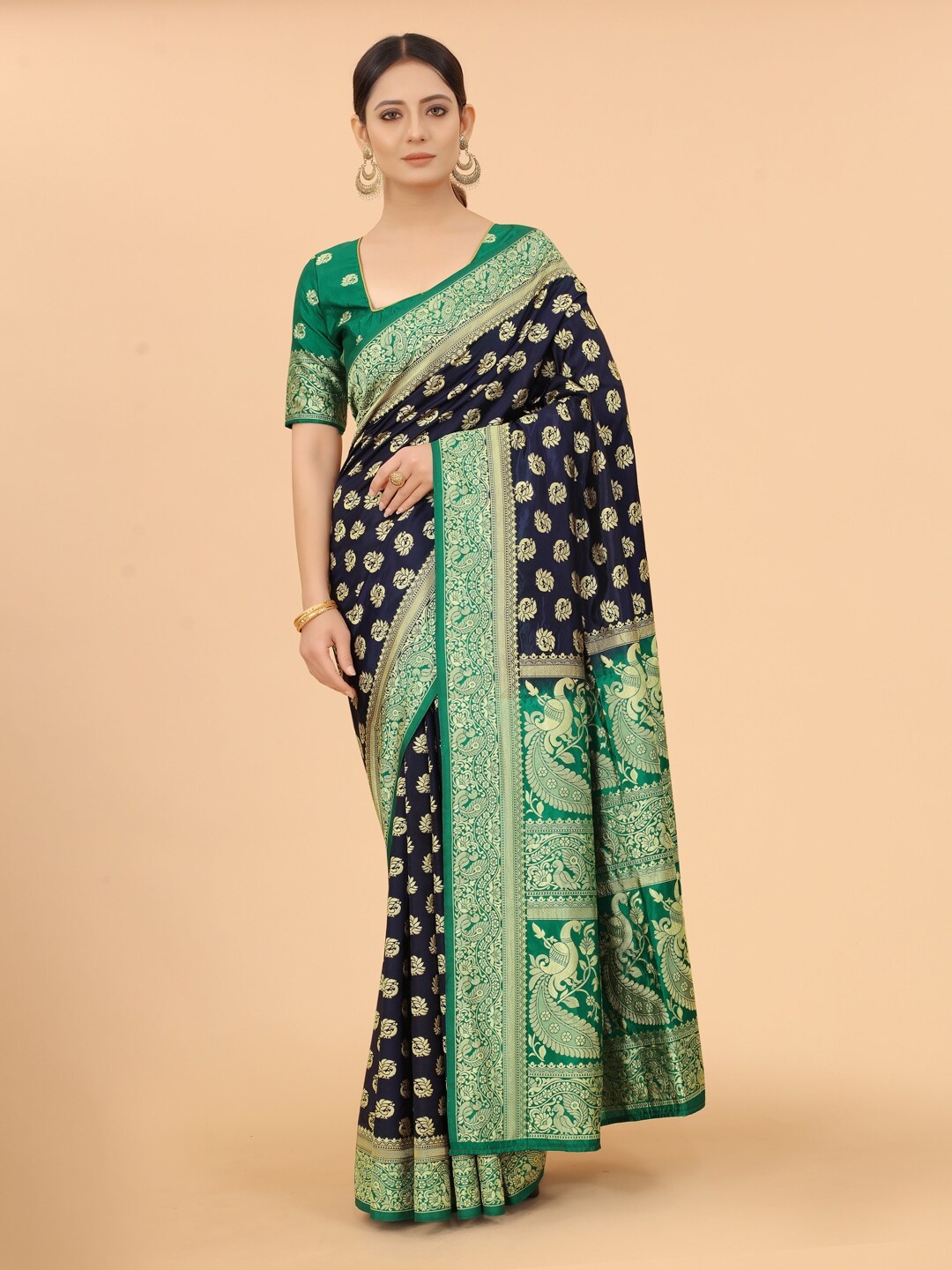 

WELL WORN Navy Blue & Green Woven Design Zari Silk Cotton Banarasi Saree