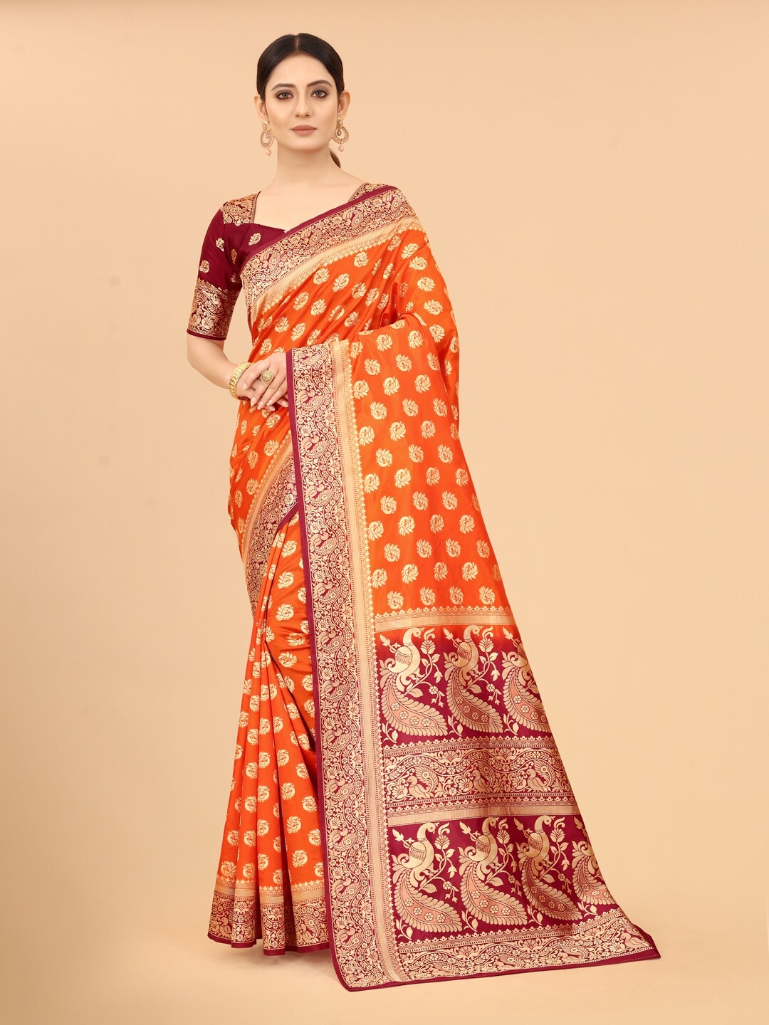 

WELL WORN Orange & Red Woven Design Zari Silk Cotton Banarasi Saree