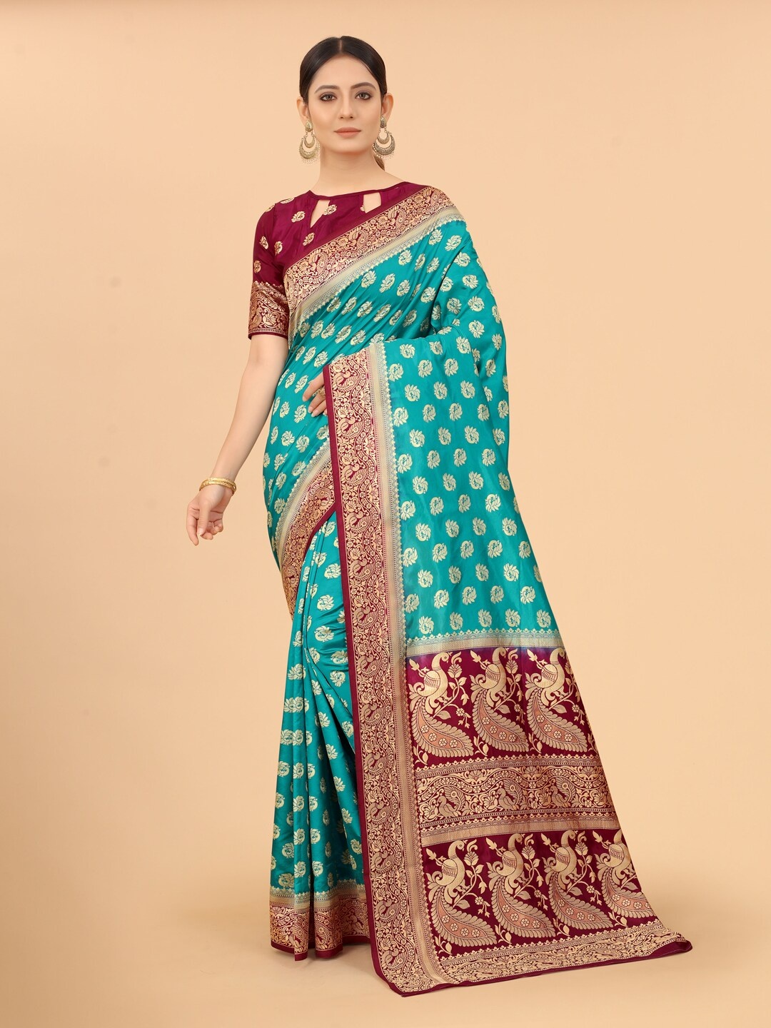 

WELL WORN Turquoise Blue & Maroon Woven Design Zari Silk Cotton Banarasi Saree