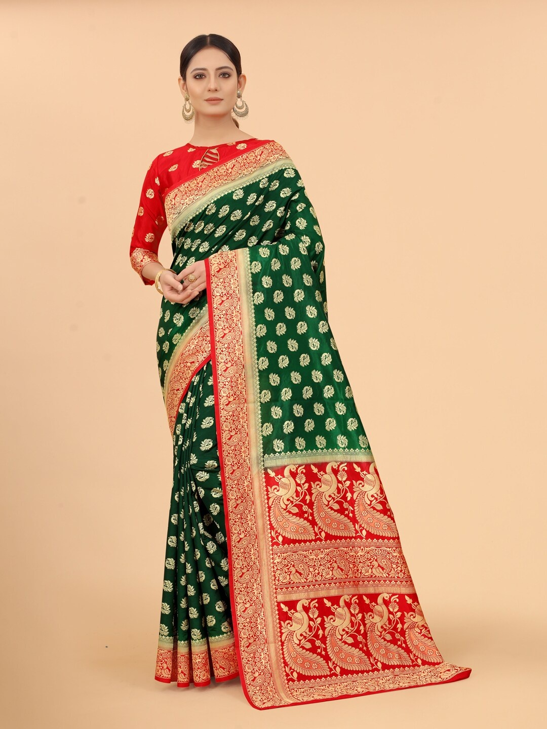 

WELL WORN Green & Red Woven Design Zari Silk Cotton Banarasi Saree