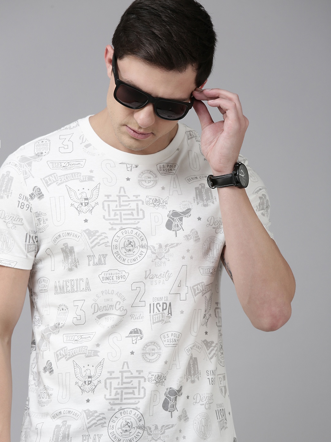 

U S Polo Assn Denim Co Men Off White & Grey Brand Logo Printed Pure Cotton T-shirt