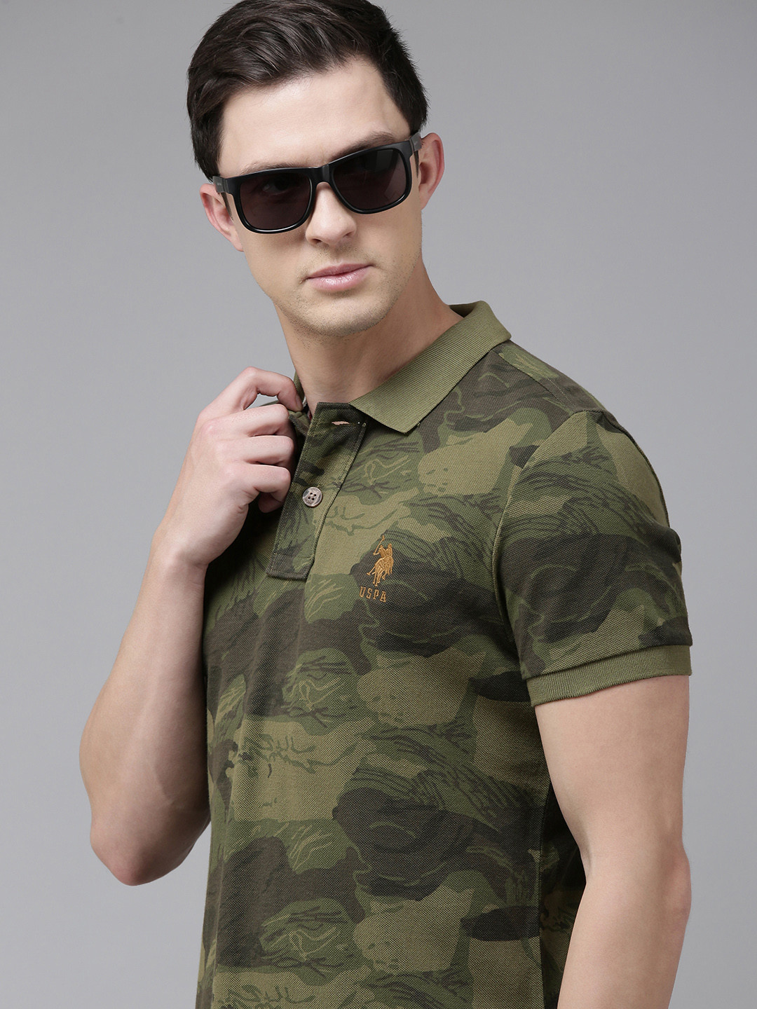 

U.S. Polo Assn. Denim Co. Men Olive Green Slim Fit Pure Cotton Polo Collar T-shirt