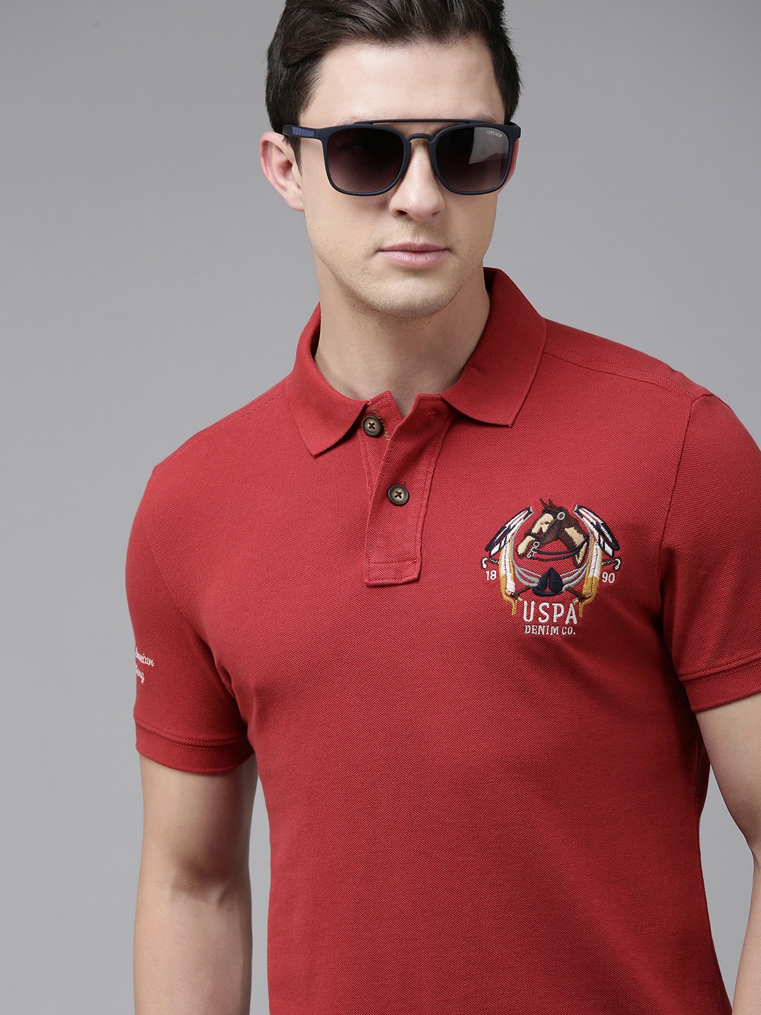 

U S Polo Assn Denim Co Men Maroon Brand Logo Printed Applique Pure Cotton T-shirt