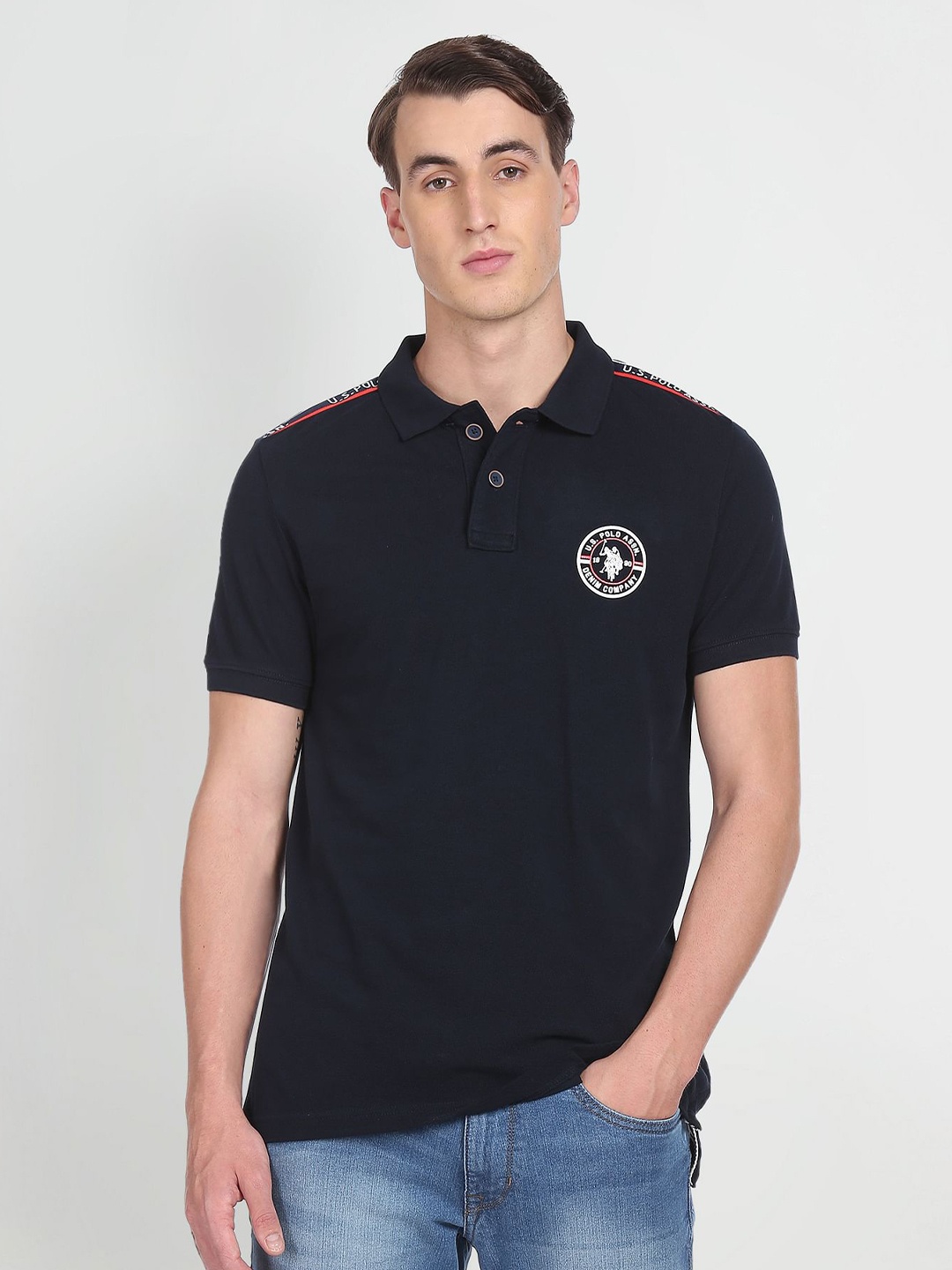 

U S Polo Assn Denim Co Men Navy Blue Brand Logo Printed Applique Pure Cotton T-shirt