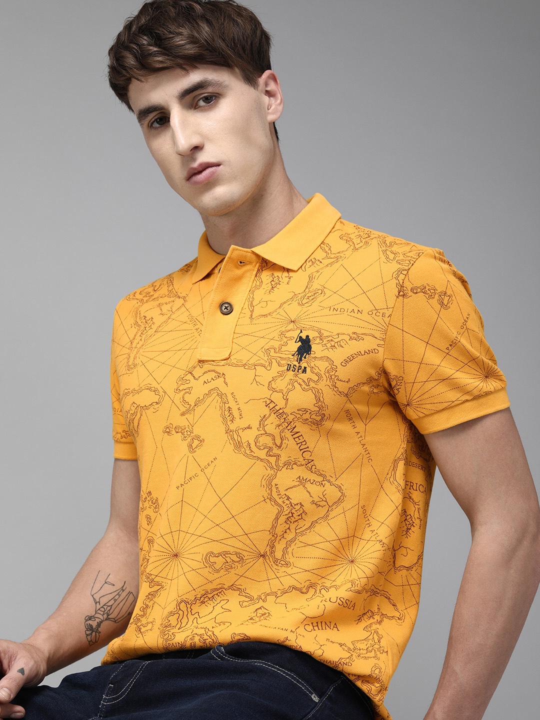 

U.S. Polo Assn. Denim Co. Men Mustard Yellow Printed Pure Cotton Slim Fit T-shirt