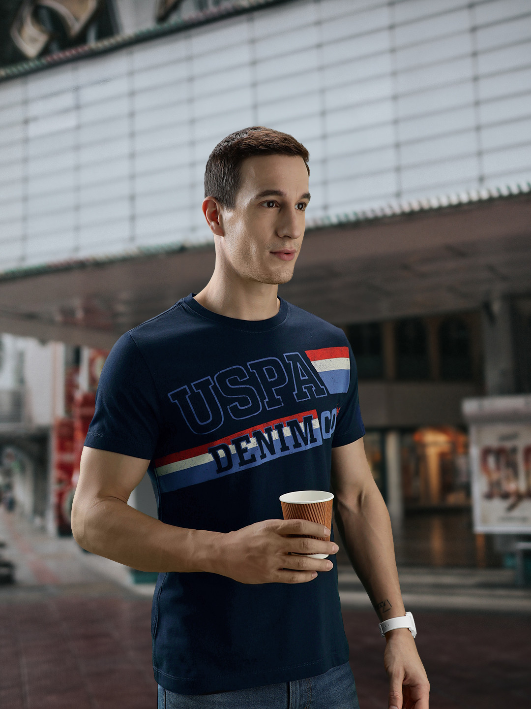 

U S Polo Assn Denim Co Men Navy Blue Brand Logo Printed Pure Cotton Slim Fit T-shirt