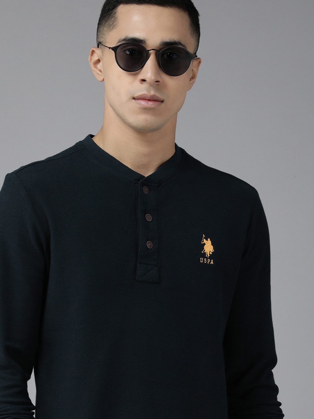 

U S Polo Assn Denim Co Men Navy Blue Henley Neck Pure Cotton Slim Fit T-shirt