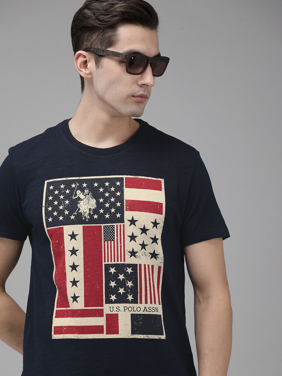 

U S Polo Assn Denim Co Men Navy Blue Graphic Printed Pure Cotton Slim Fit T-shirt