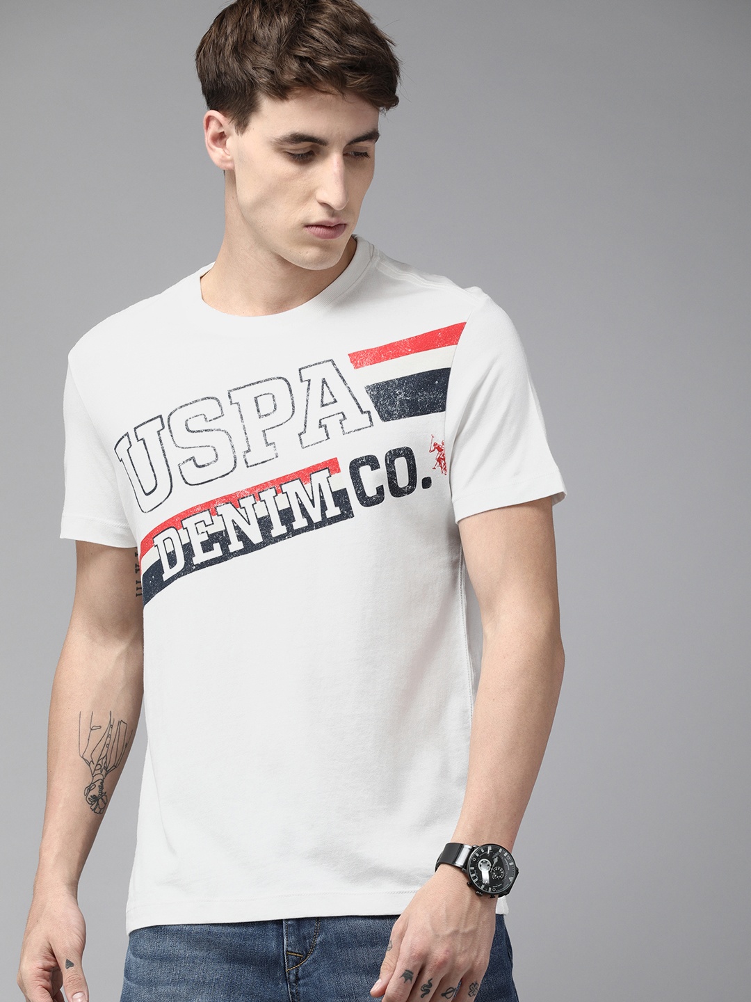 

U S Polo Assn Denim Co Men White Brand Logo Printed Pure Cotton Slim Fit T-shirt