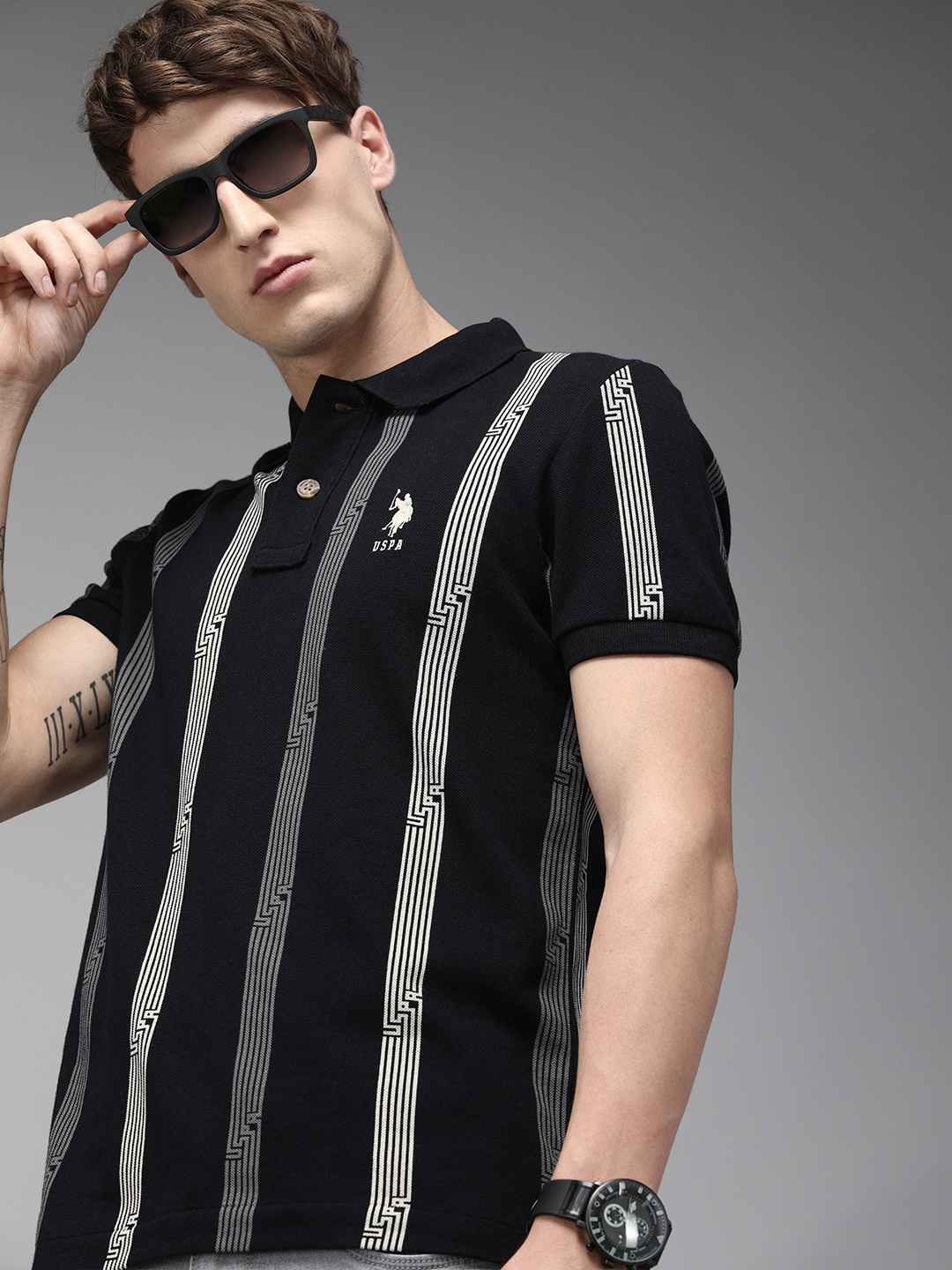 

U.S. Polo Assn. Denim Co. Men Black Striped Polo Collar Pure Cotton Slim Fit T-shirt