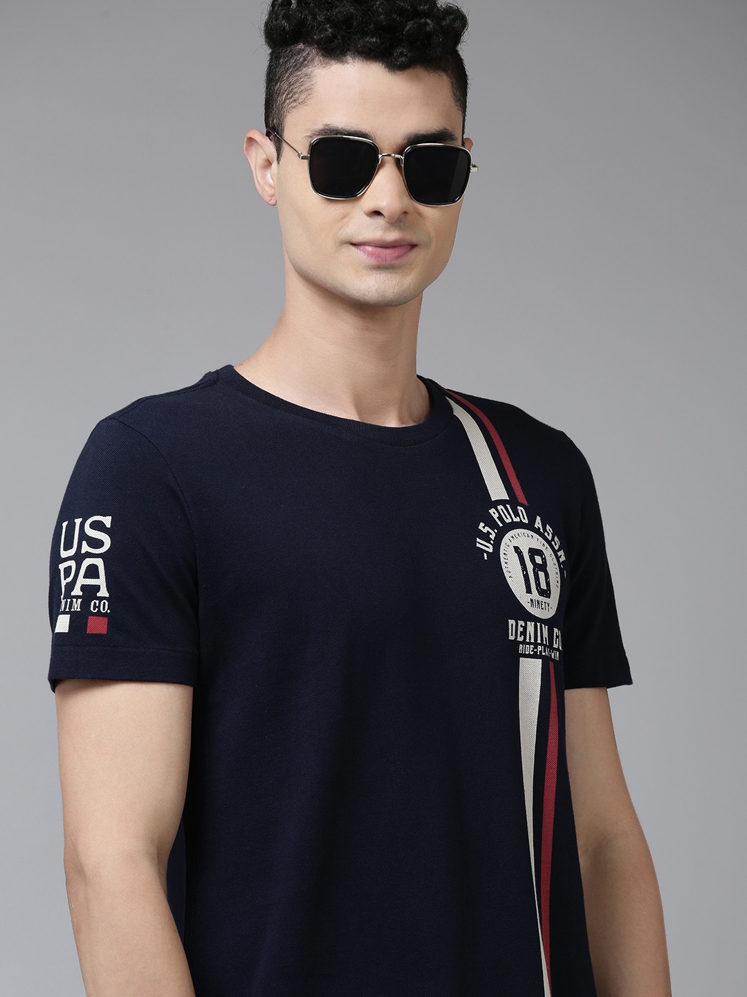 

U.S. Polo Assn. Denim Co. Men Navy Blue Brand Logo Printed Pure Cotton T-shirt