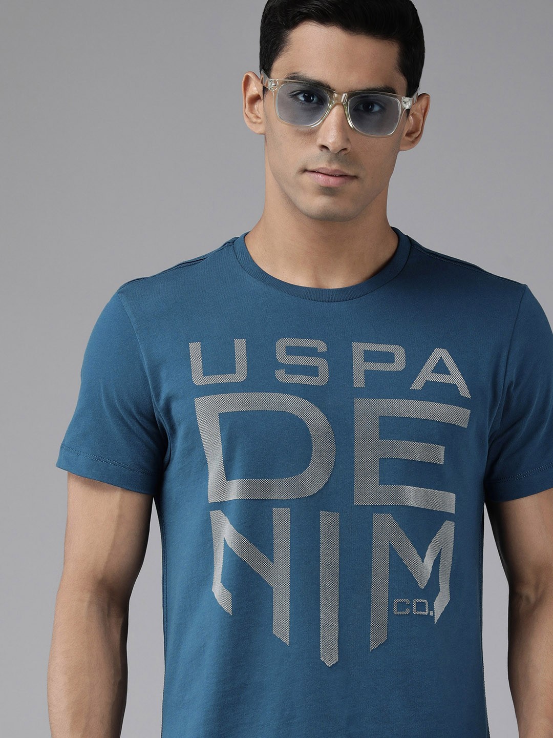 U S Polo Assn Denim Co Men Teal Blue Typography Printed Slim Fit T-shirt