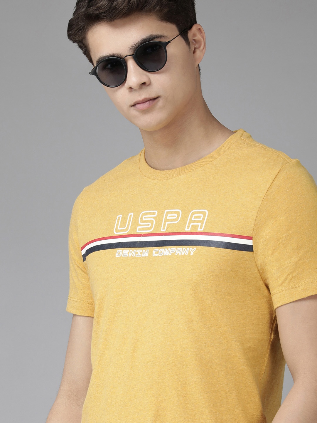 

U S Polo Assn Denim Co Men Mustard Yellow Printed Pure Cotton Applique Slim Fit T-shirt